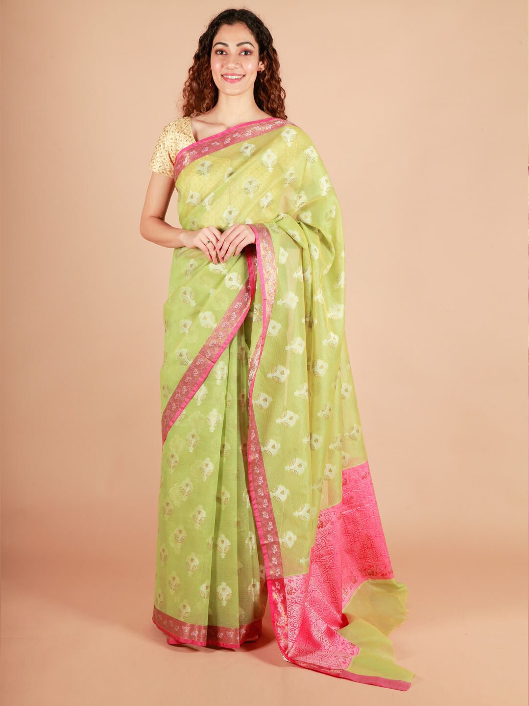

ReshaWeaves Ethnic Motifs Woven Design Zari Pure Cotton Banarasi Saree, Green
