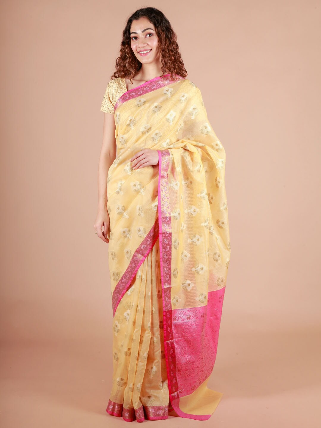 

ReshaWeaves Floral Zari Pure Cotton Banarasi Saree, Yellow