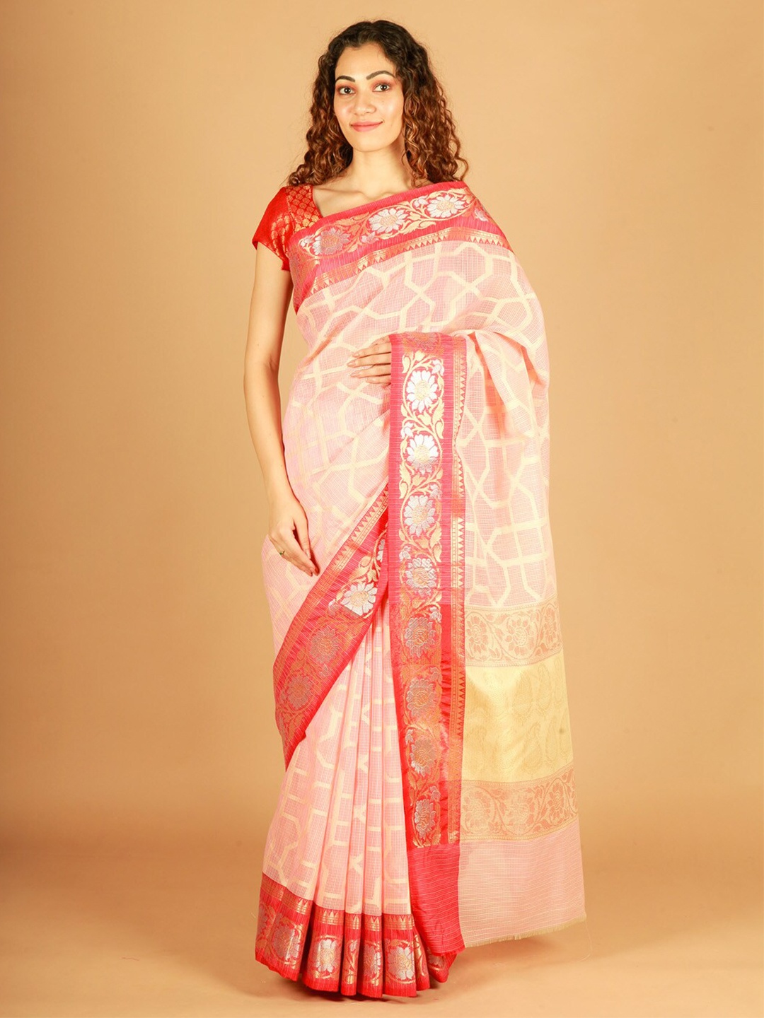 

ReshaWeaves Zari Border Pure Cotton Banarasi Saree, Peach