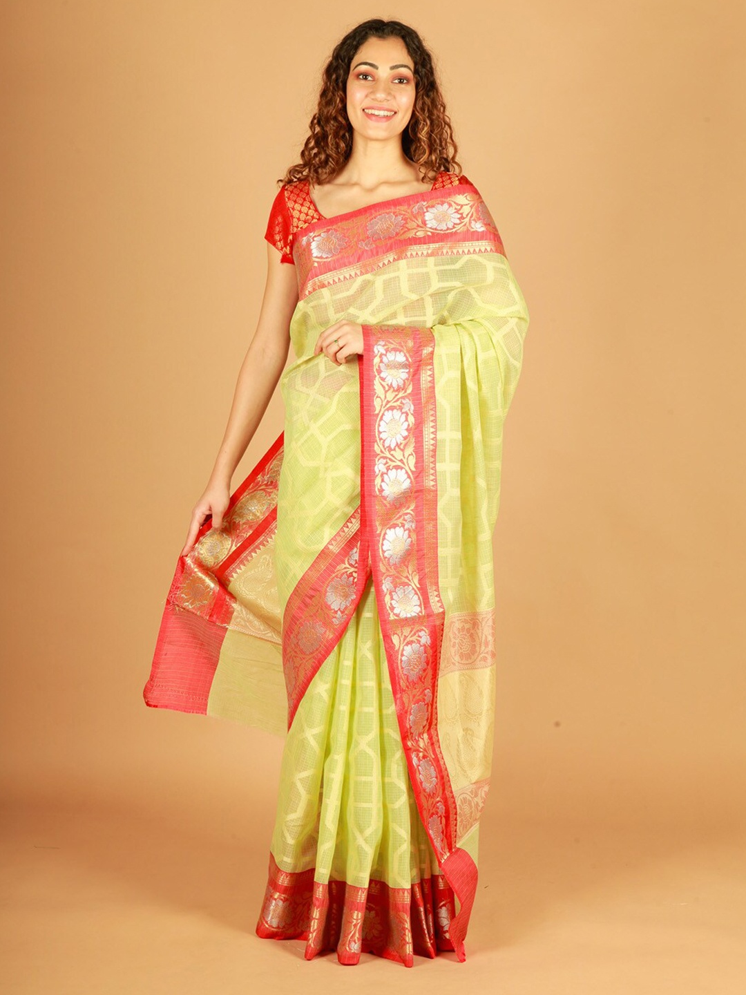 

ReshaWeaves Woven Design Zari Pure Cotton Banarasi Saree, Lime green