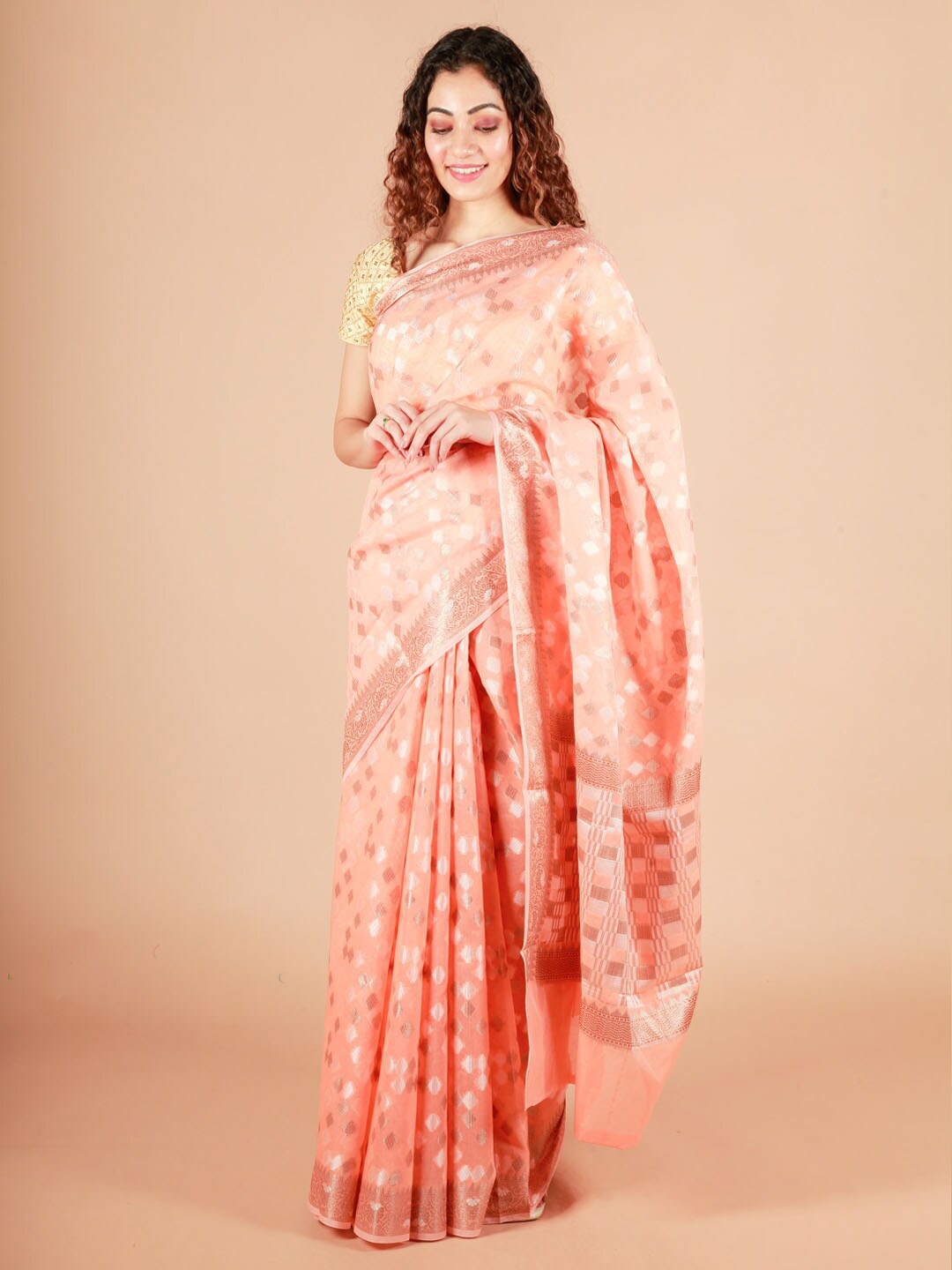 

ReshaWeaves Woven Design Zari Pure Cotton Banarasi Saree, Peach