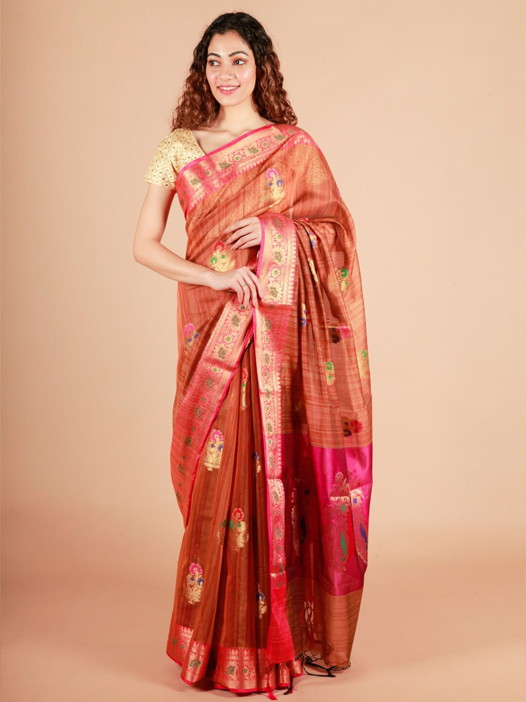 

ReshaWeaves Ethnic Motifs Zari Pure Cotton Banarasi Saree, Brown