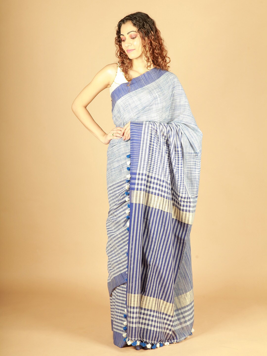

ReshaWeaves Checked Pure Cotton Saree, Blue