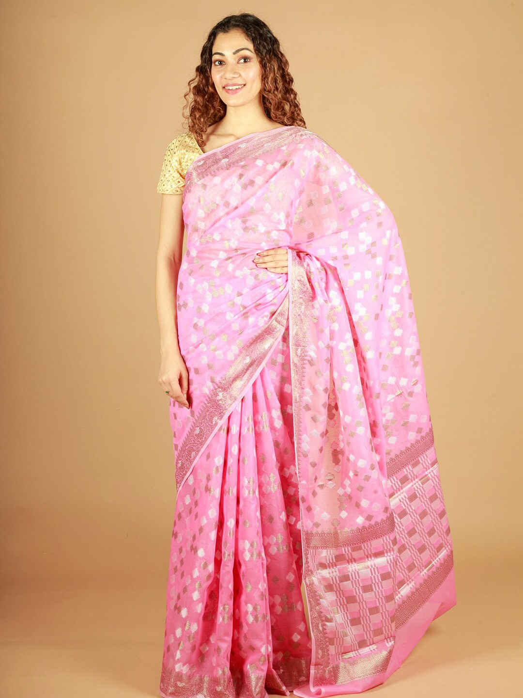 

ReshaWeaves Ethnic Motifs Zari Pure Cotton Banarasi Saree, Pink