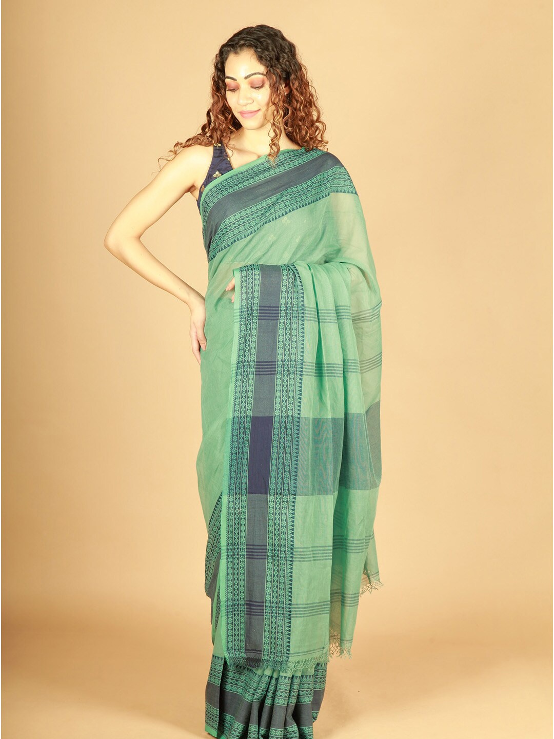 

ReshaWeaves Pure Cotton Saree With Blouse Piece, Green