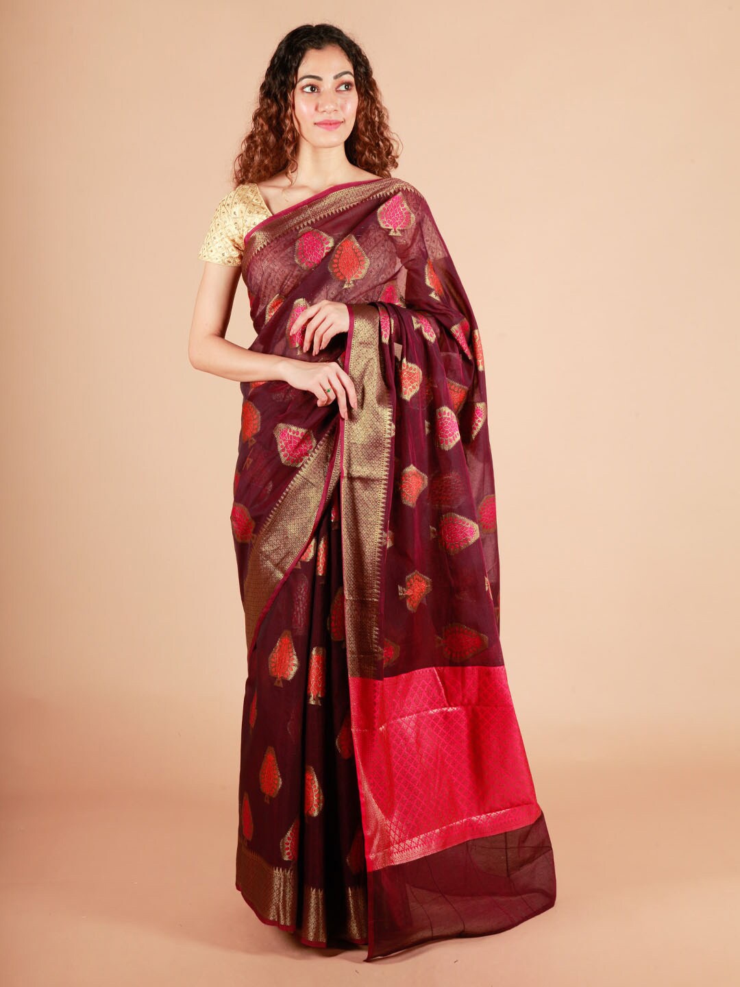 

ReshaWeaves Ethnic Motifs Zari Pure Cotton Banarasi Saree, Brown