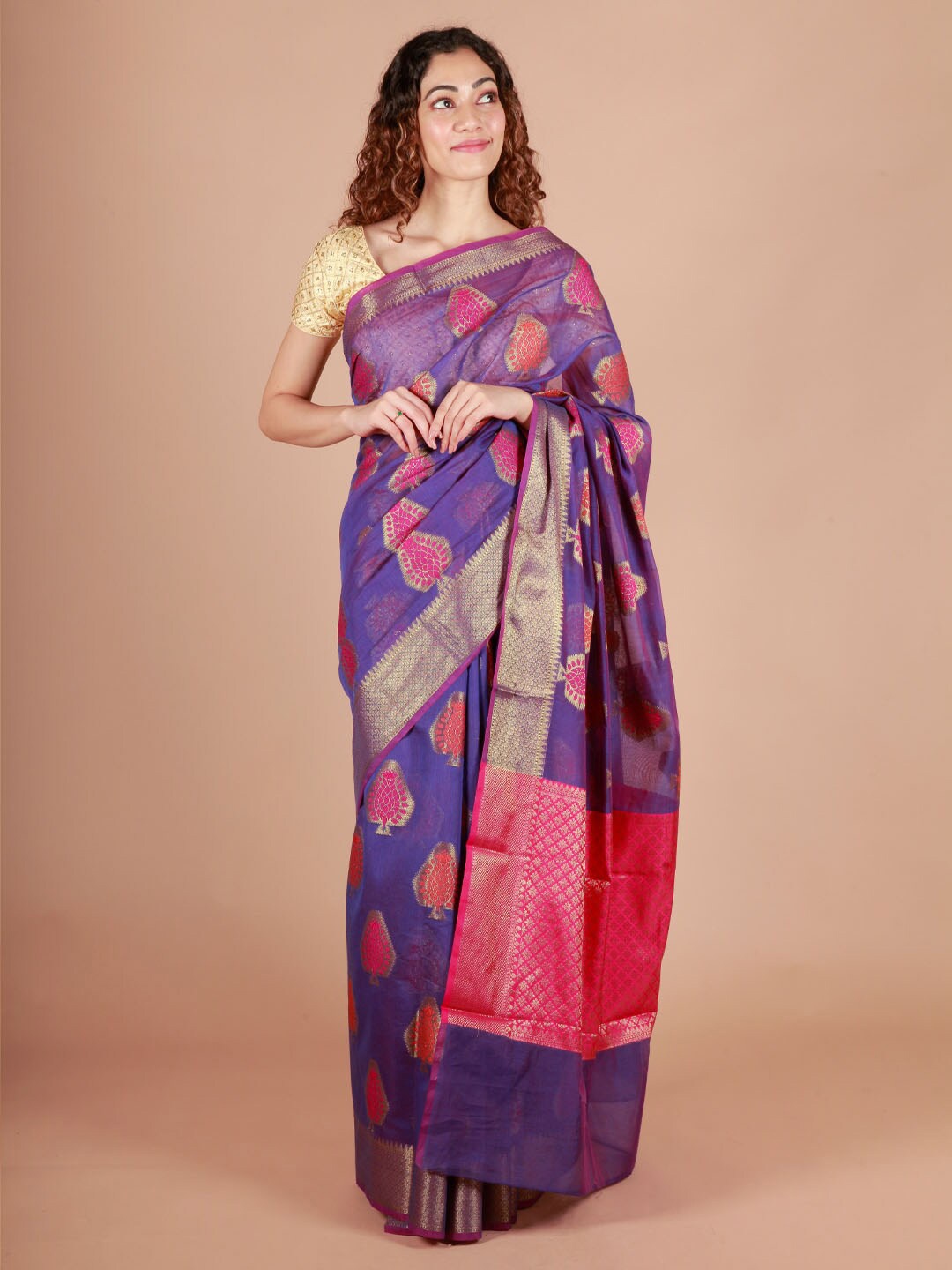 

ReshaWeaves Ethnic Motifs Zari Pure Cotton Banarasi Saree, Violet