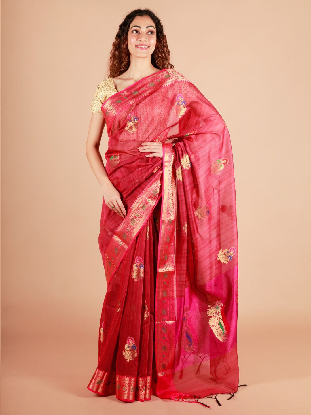 

ReshaWeaves Ethnic Motifs Zari Pure Cotton Banarasi Saree, Red