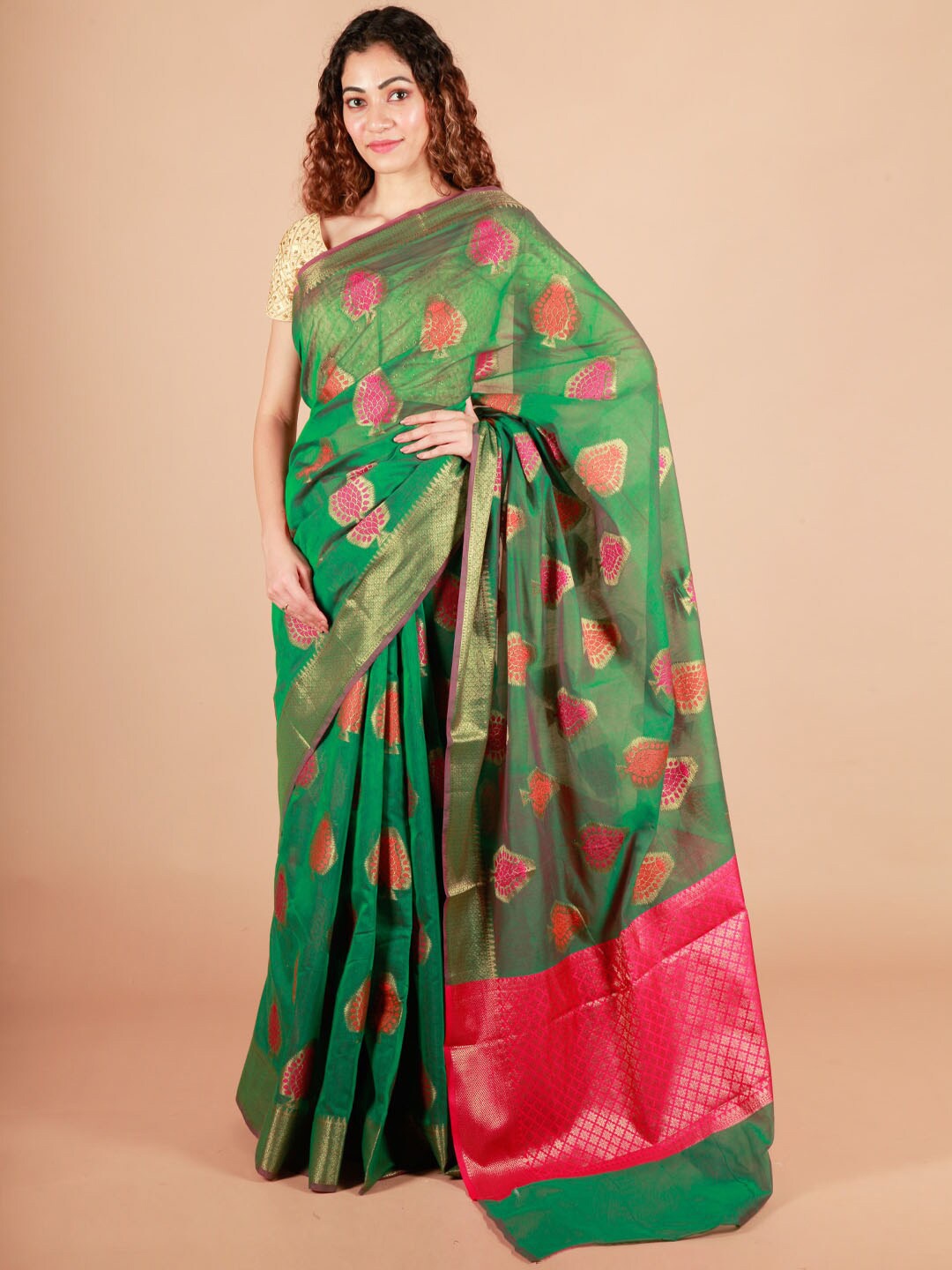 

ReshaWeaves Ethnic Motifs Zari Pure Cotton Banarasi Saree, Green
