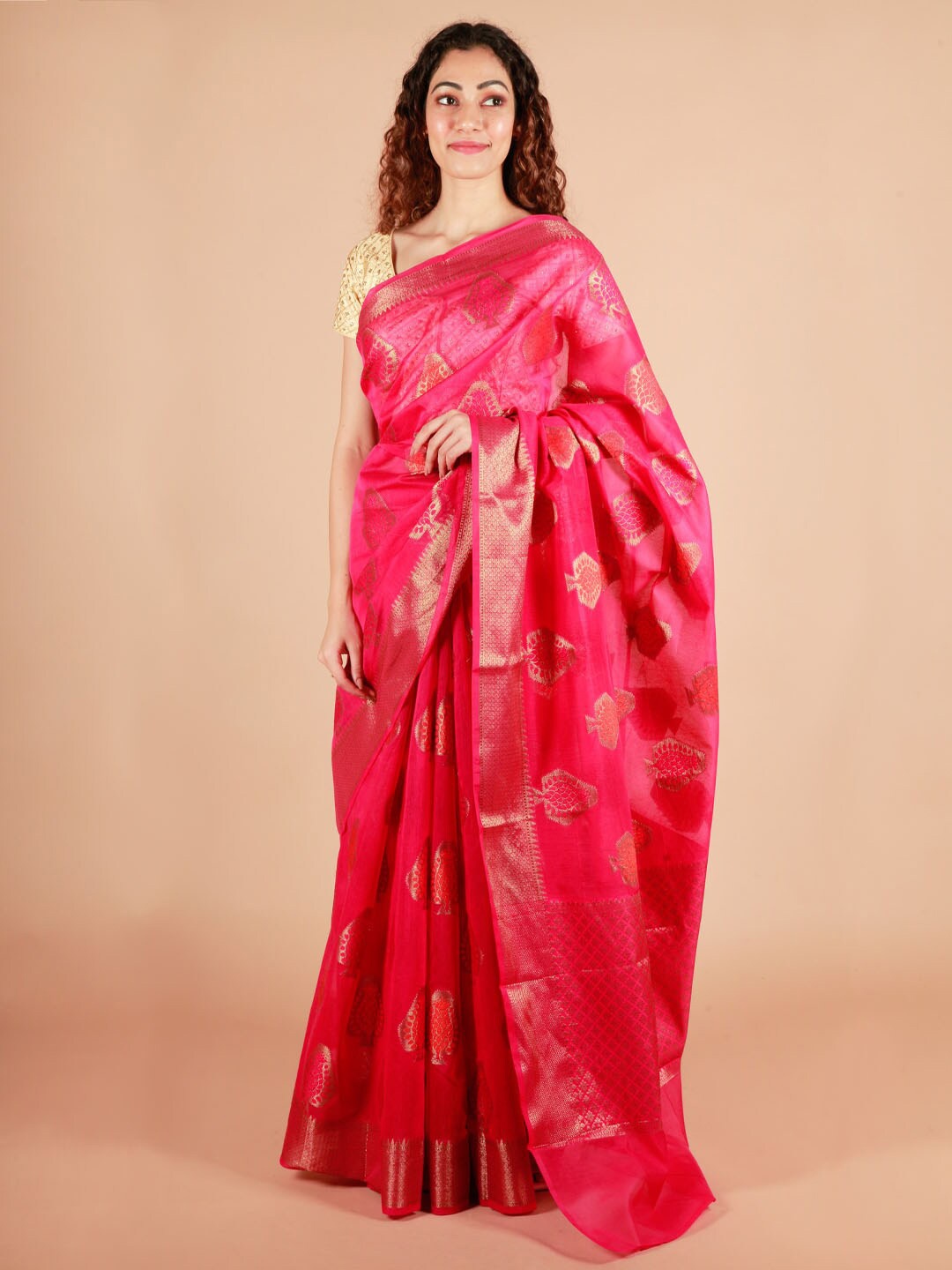 

ReshaWeaves Ethnic Motifs Zari Pure Cotton Banarasi Saree, Pink
