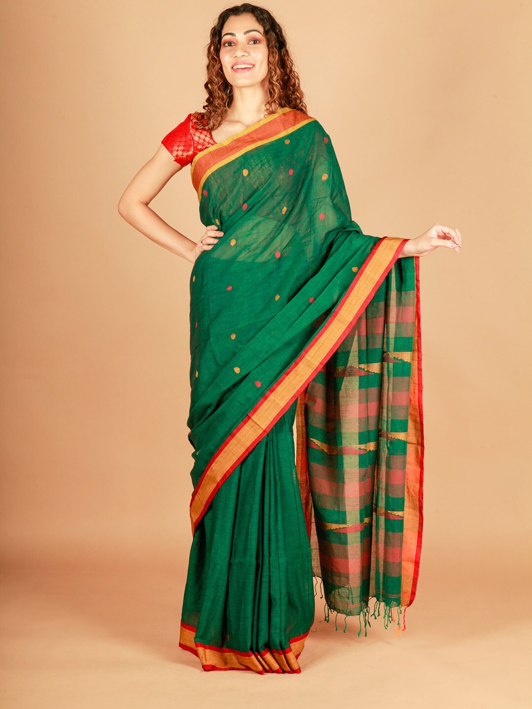 

ReshaWeaves Woven Design Pure Cotton Saree, Green