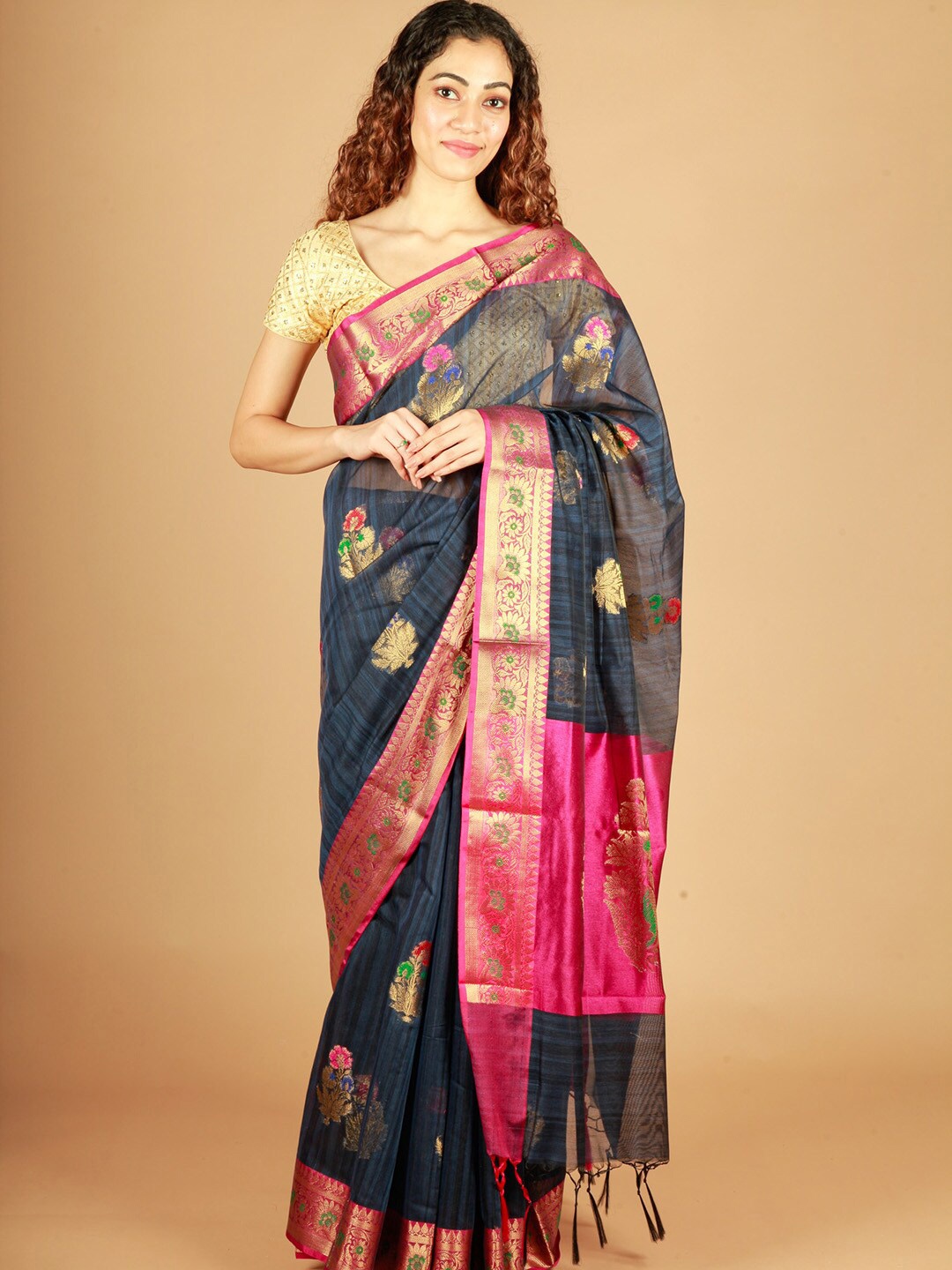 

ReshaWeaves Ethnic Motifs Zari Pure Cotton Banarasi Saree, Blue