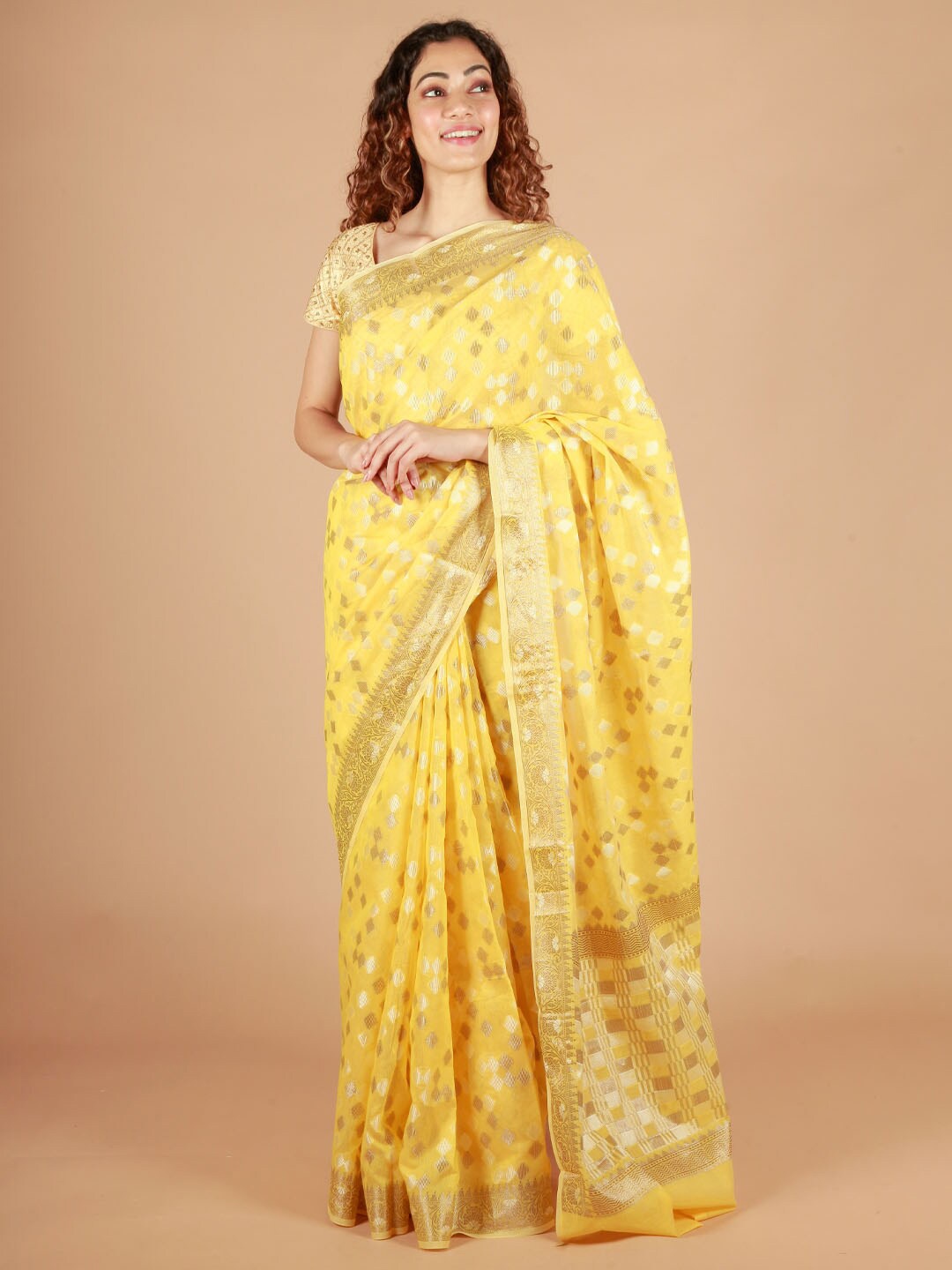 

ReshaWeaves Woven Design Zari Pure Cotton Banarasi Saree, Yellow
