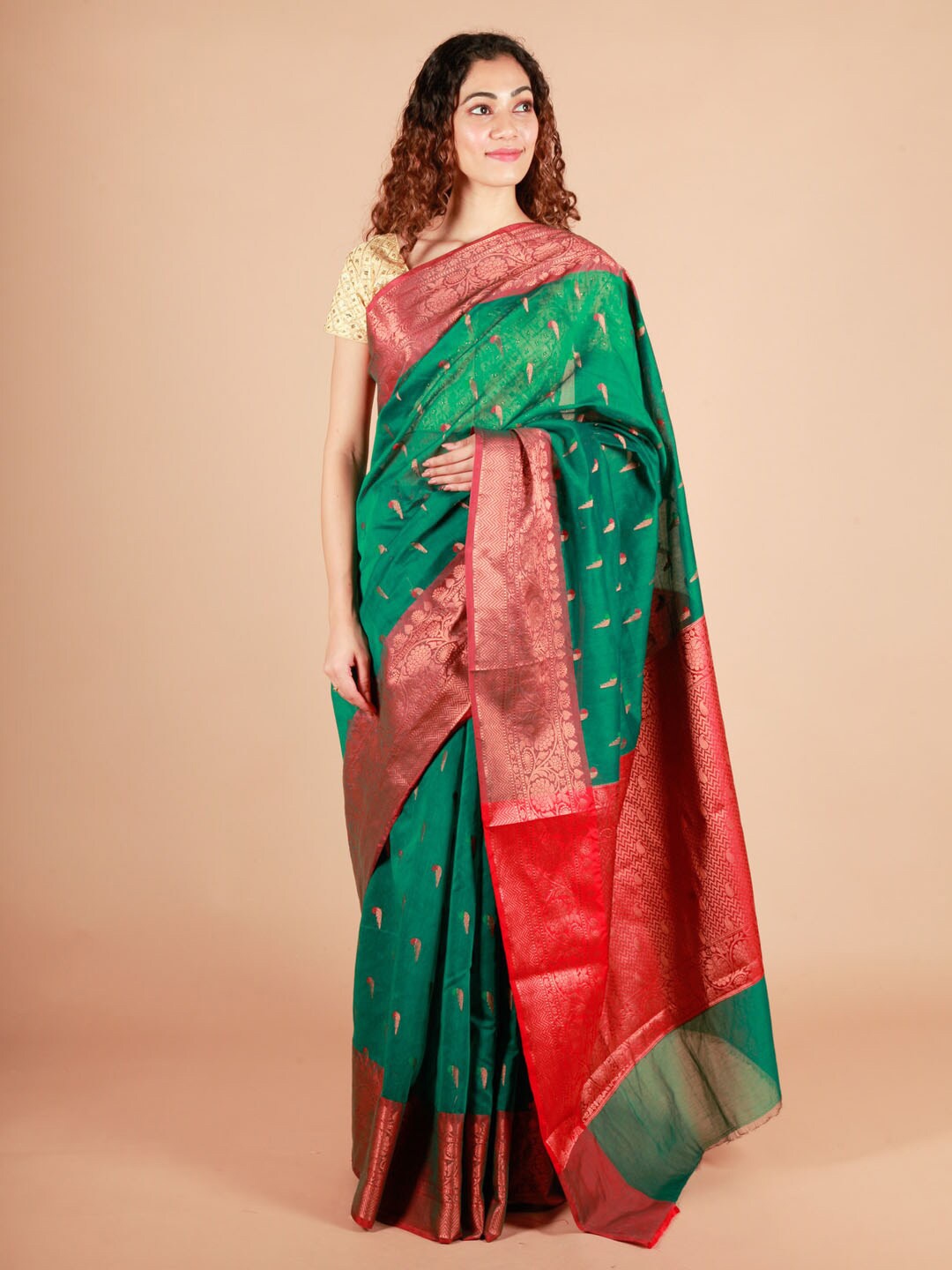 

ReshaWeaves Woven Design Zari Pure Cotton Banarasi Saree, Green