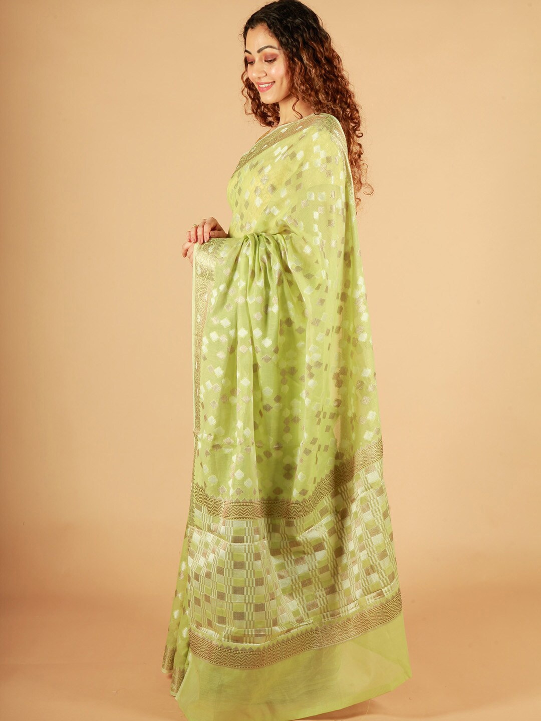 

ReshaWeaves Woven Design Zari Pure Cotton Banarasi Saree, Green