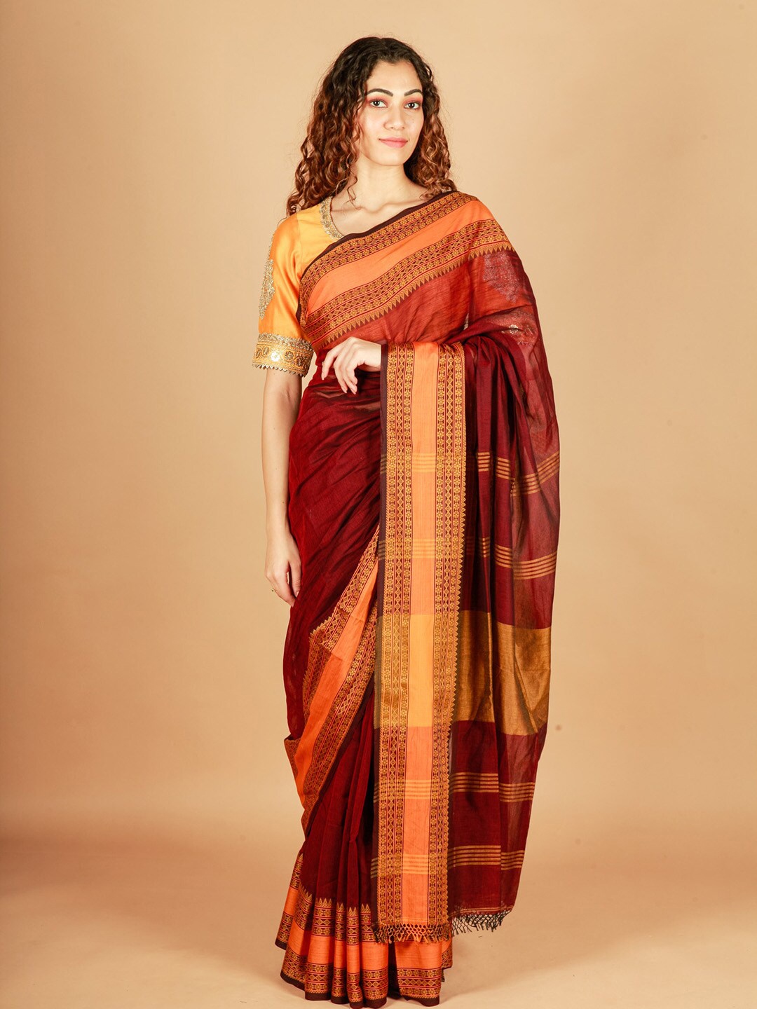 

ReshaWeaves Zari Pure Cotton Saree, Brown