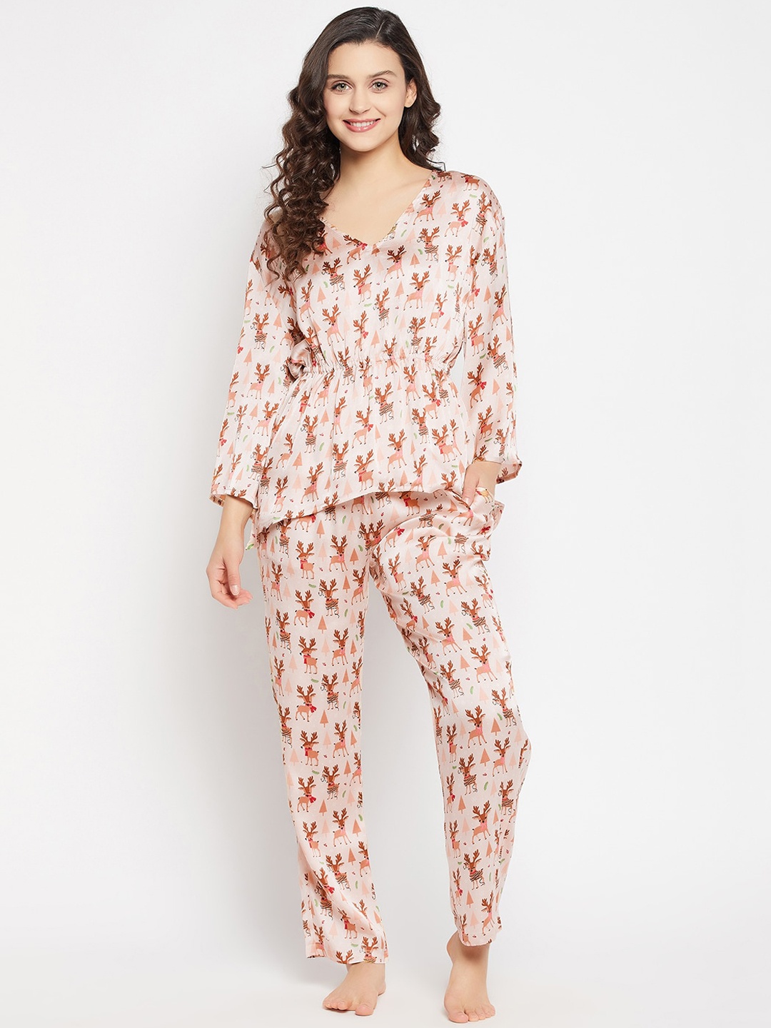 

Clovia Women Printed Satin Finish Top with Pjyama, Beige