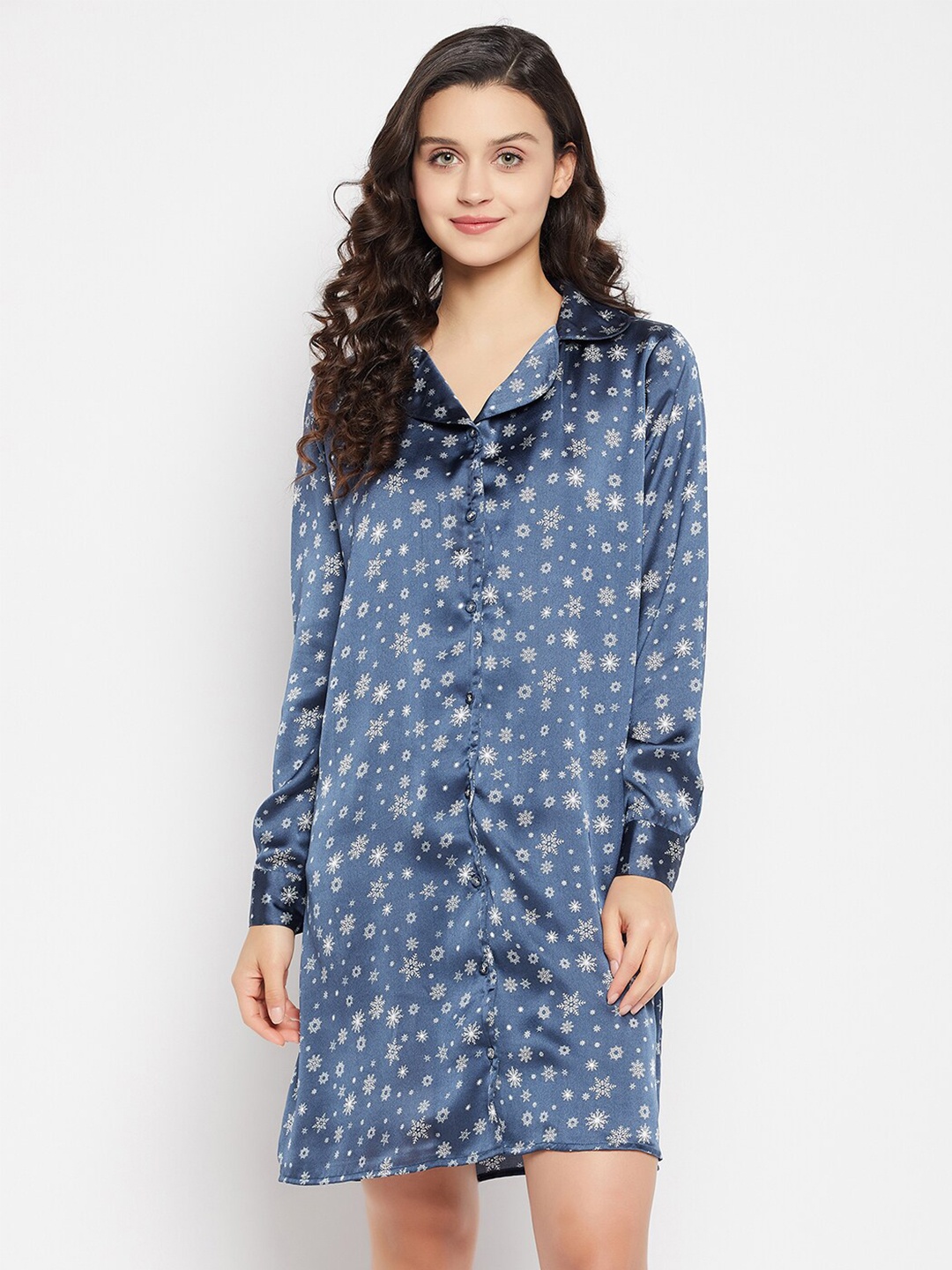 

Clovia Printed Satin Shirt Nightdress, Navy blue