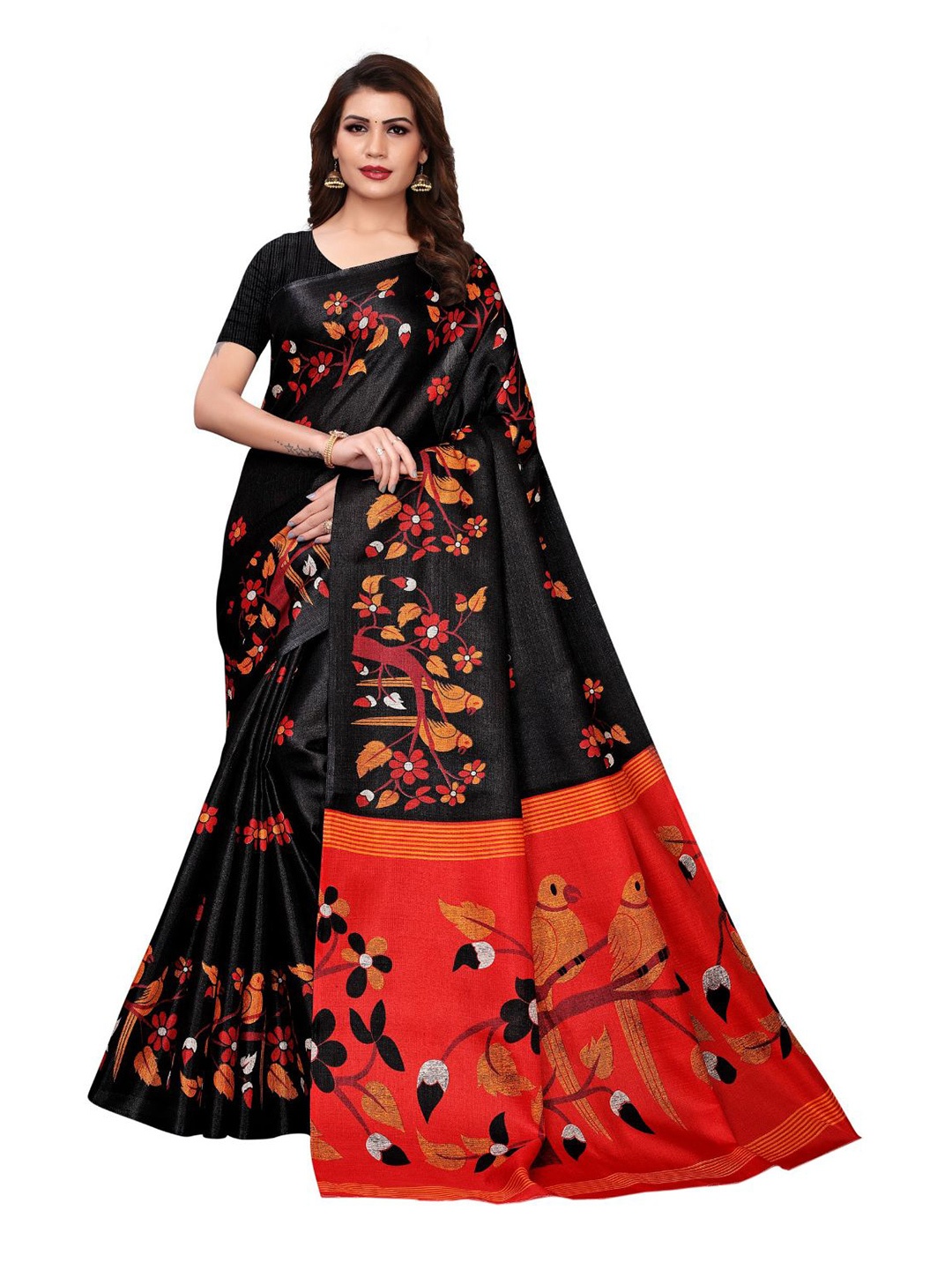 

KALINI Floral Art Silk Ilkal Saree, Black