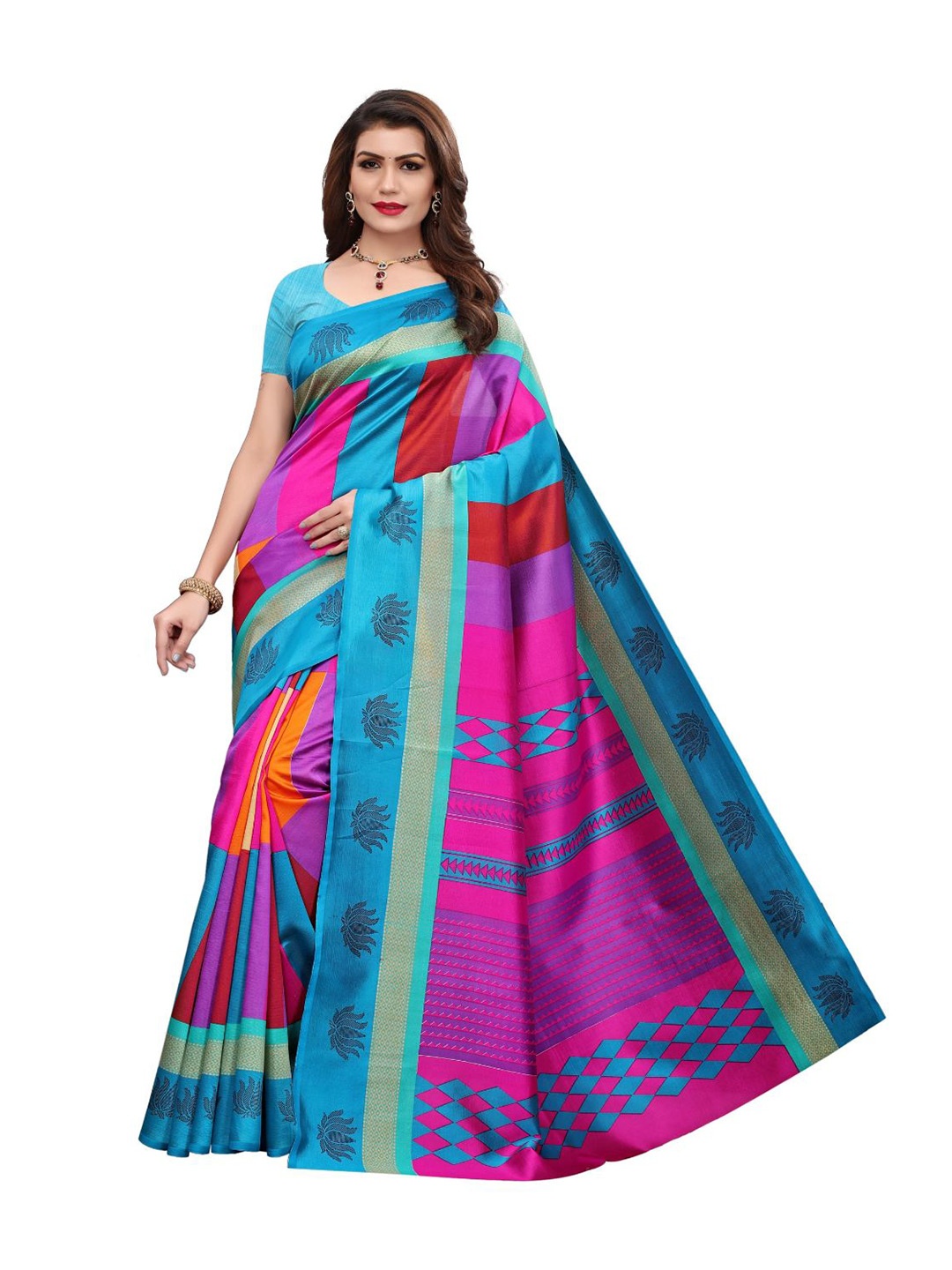 

KALINI Geometric Printed Saree, Turquoise blue