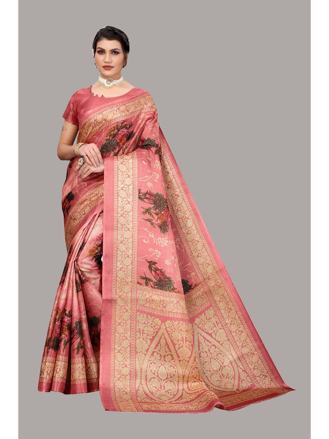 

KALINI Floral Printed Art Silk Saree, Peach