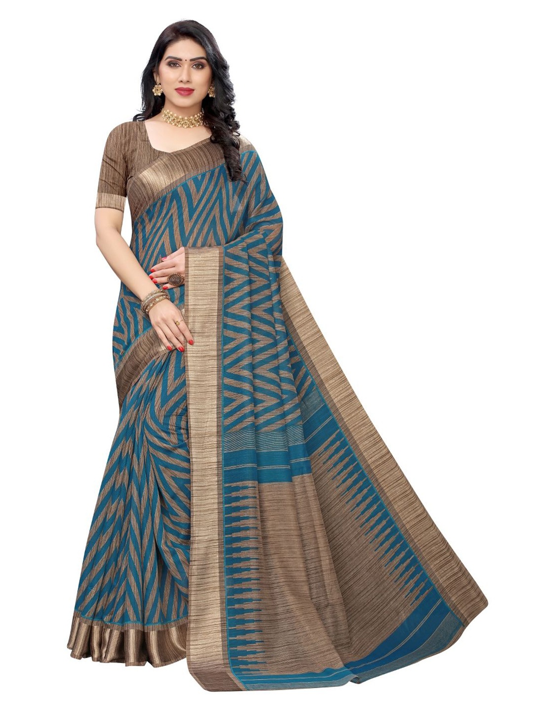 

KALINI Geometric Printed Art Silk Saree, Sea green