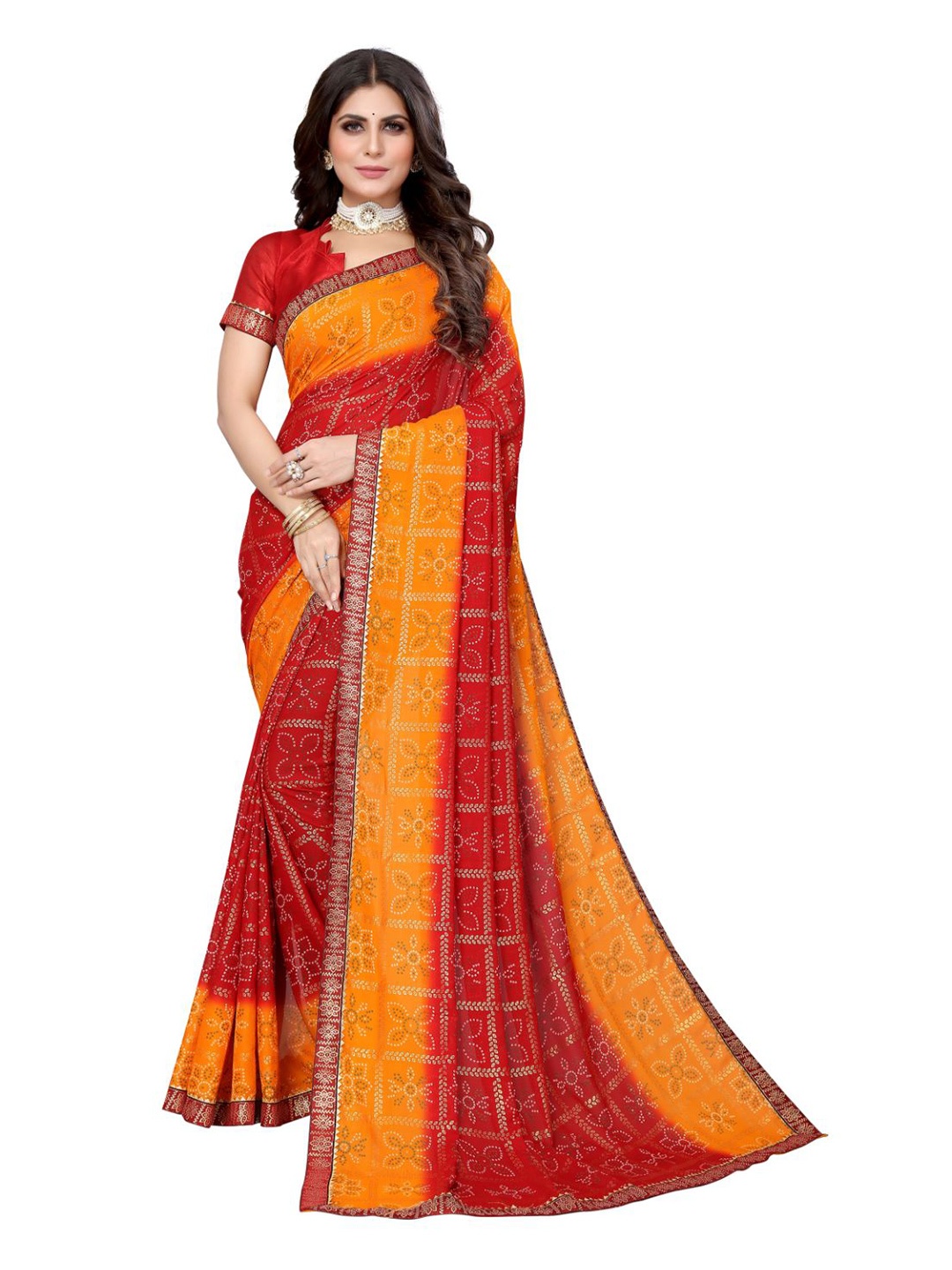 

KALINI Georgette Printed Bandhani Ilkal Saree, Red