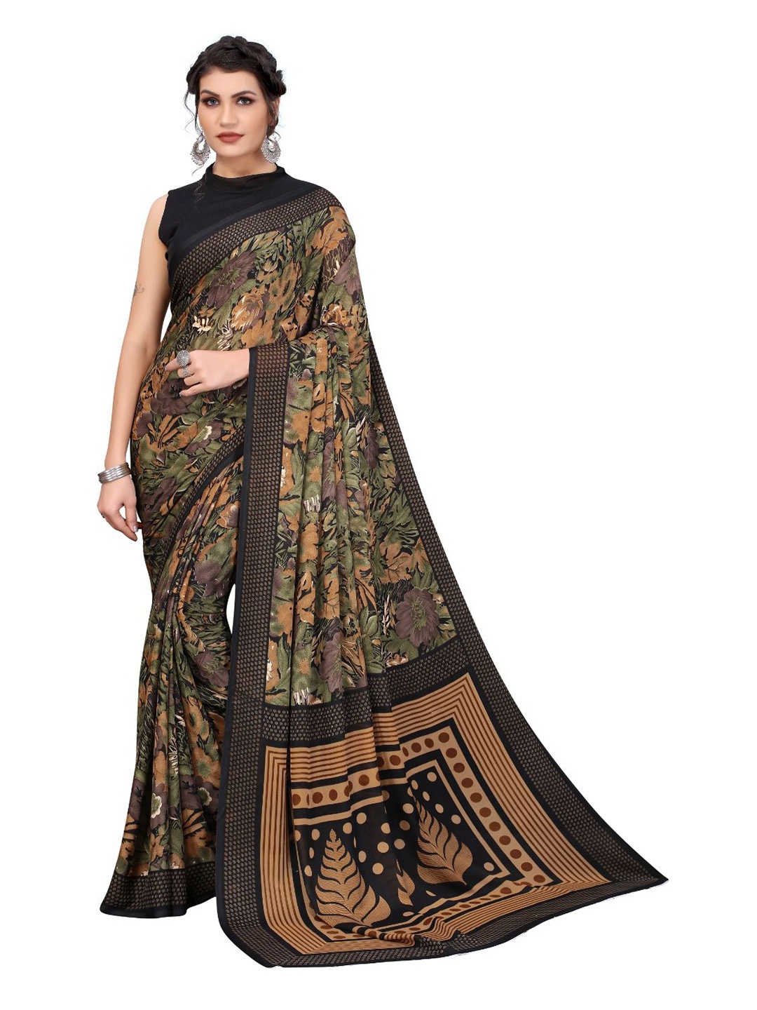 

KALINI Georgette Floral Printed Ilkal Saree, Black