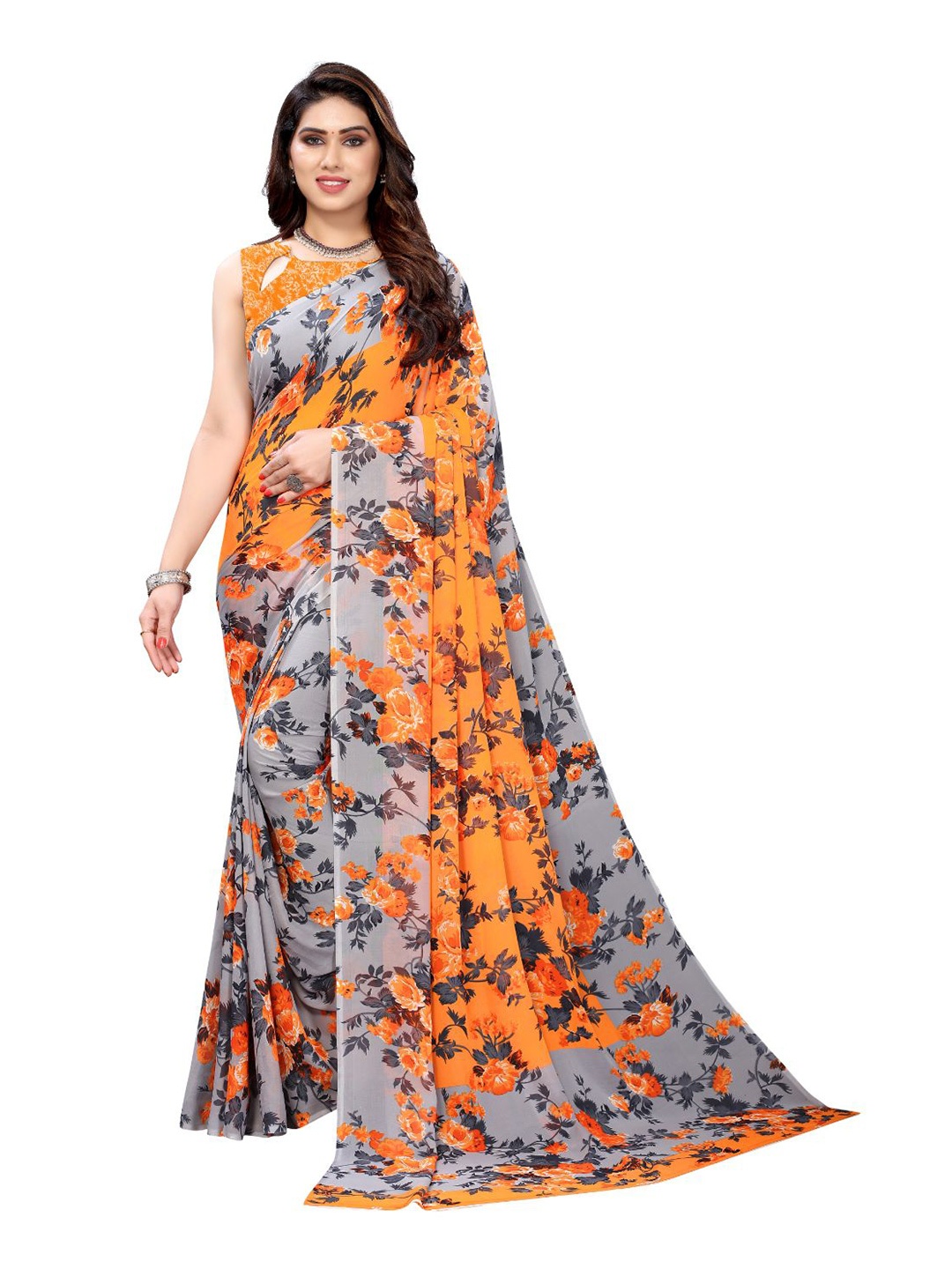 

KALINI Georgette Floral Printed Ilkal Saree, Orange