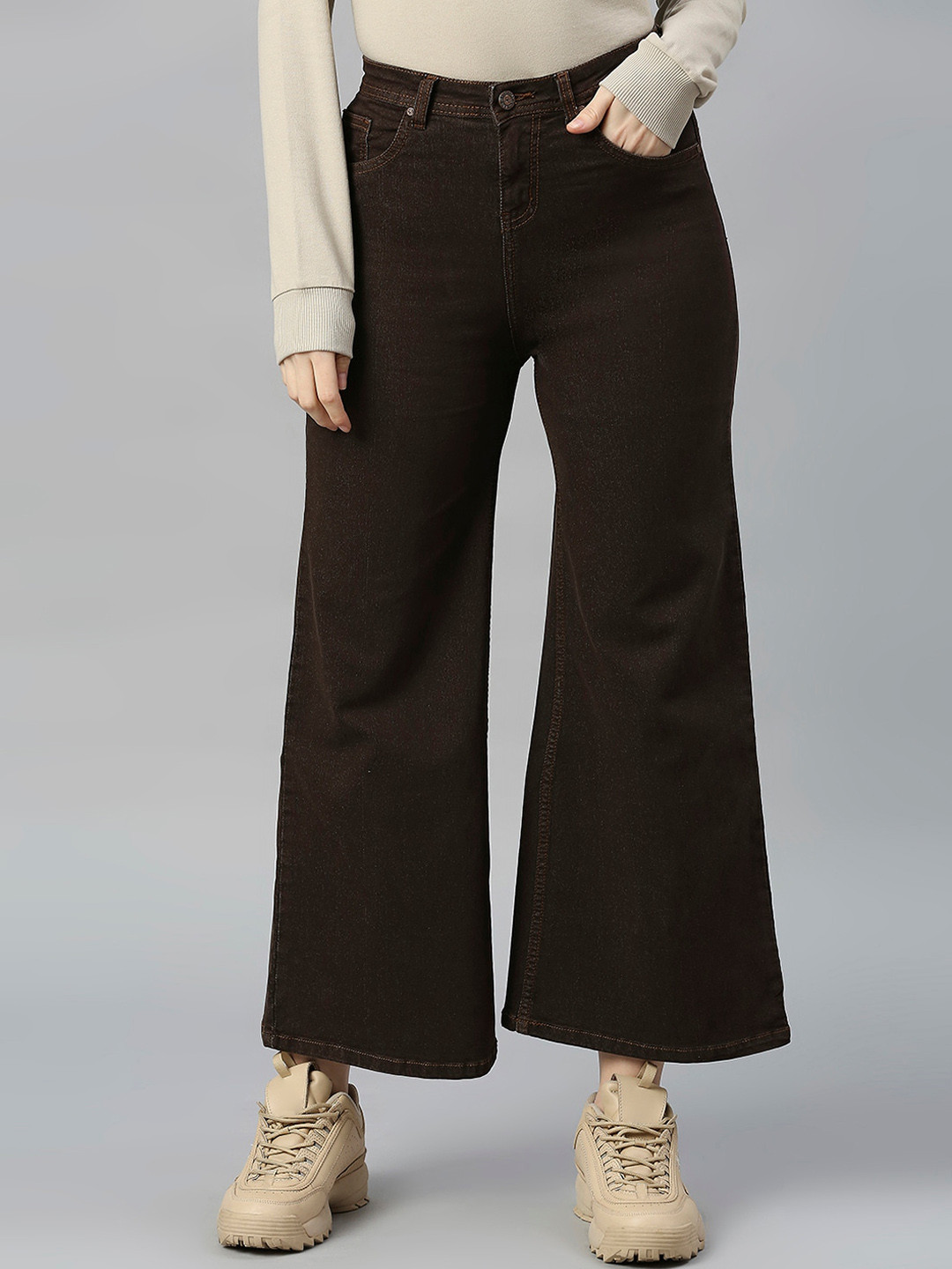 

High Star Women Wide Leg High-Rise Stretchable Jeans, Coffee brown