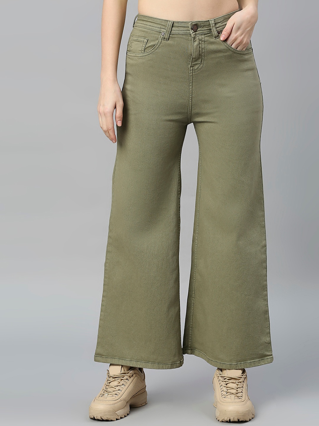 

High Star Women Wide Leg High-Rise Stretchable Jeans, Green