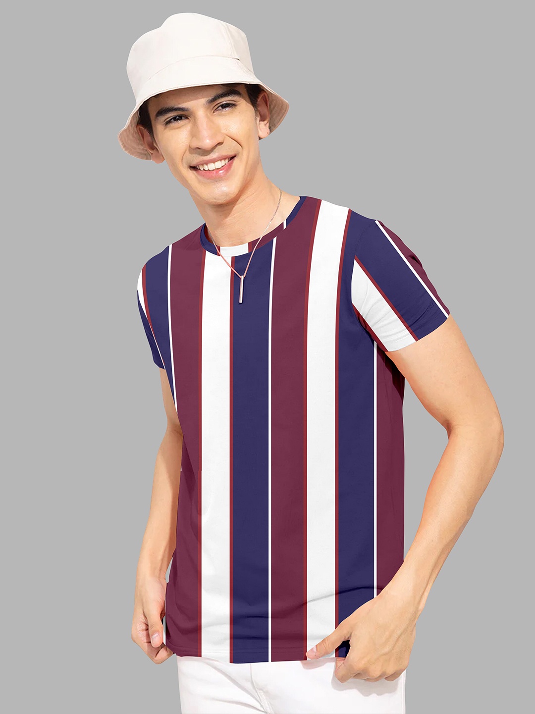 

Fashion FRICKS Men Multicoloured Striped Henley Neck Loose T-shirt, Multi