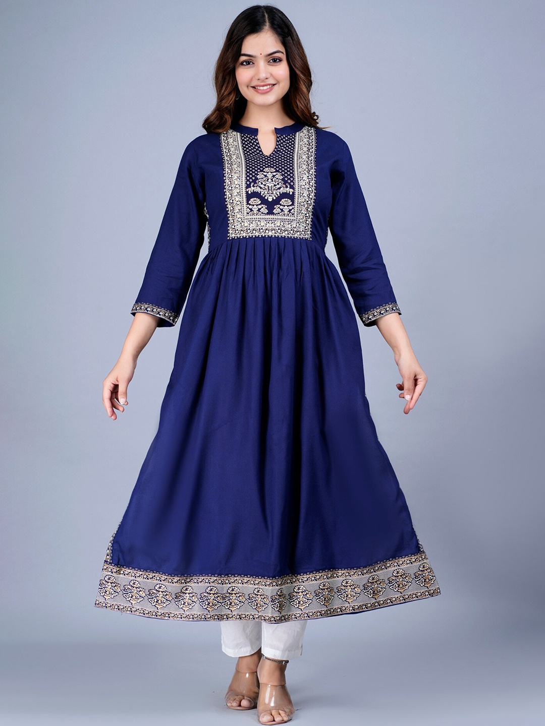 

KALINI Ethnic Motifs Yoke Design A-Line Kurta, Blue