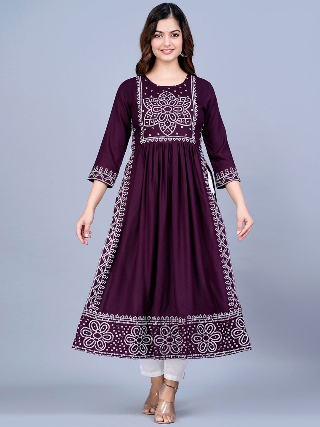 

KALINI Women Bandhani Printed Floral Side Slit Kurta, Purple