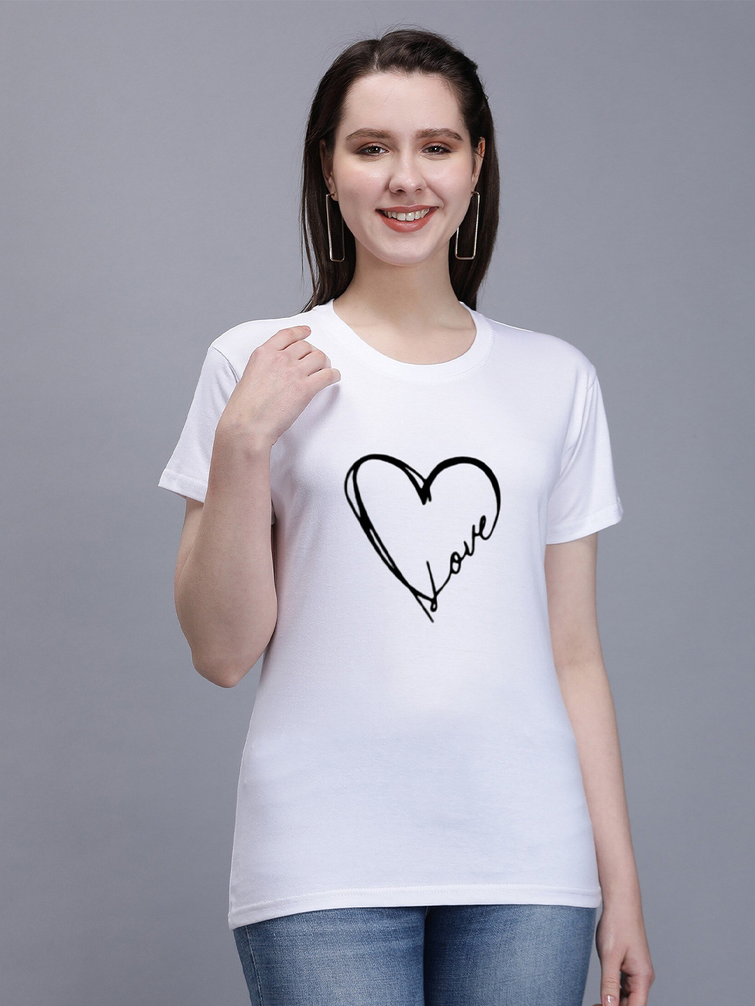 

TRENDY RABBIT Women Printed Round Neck Cotton T-shirt, White