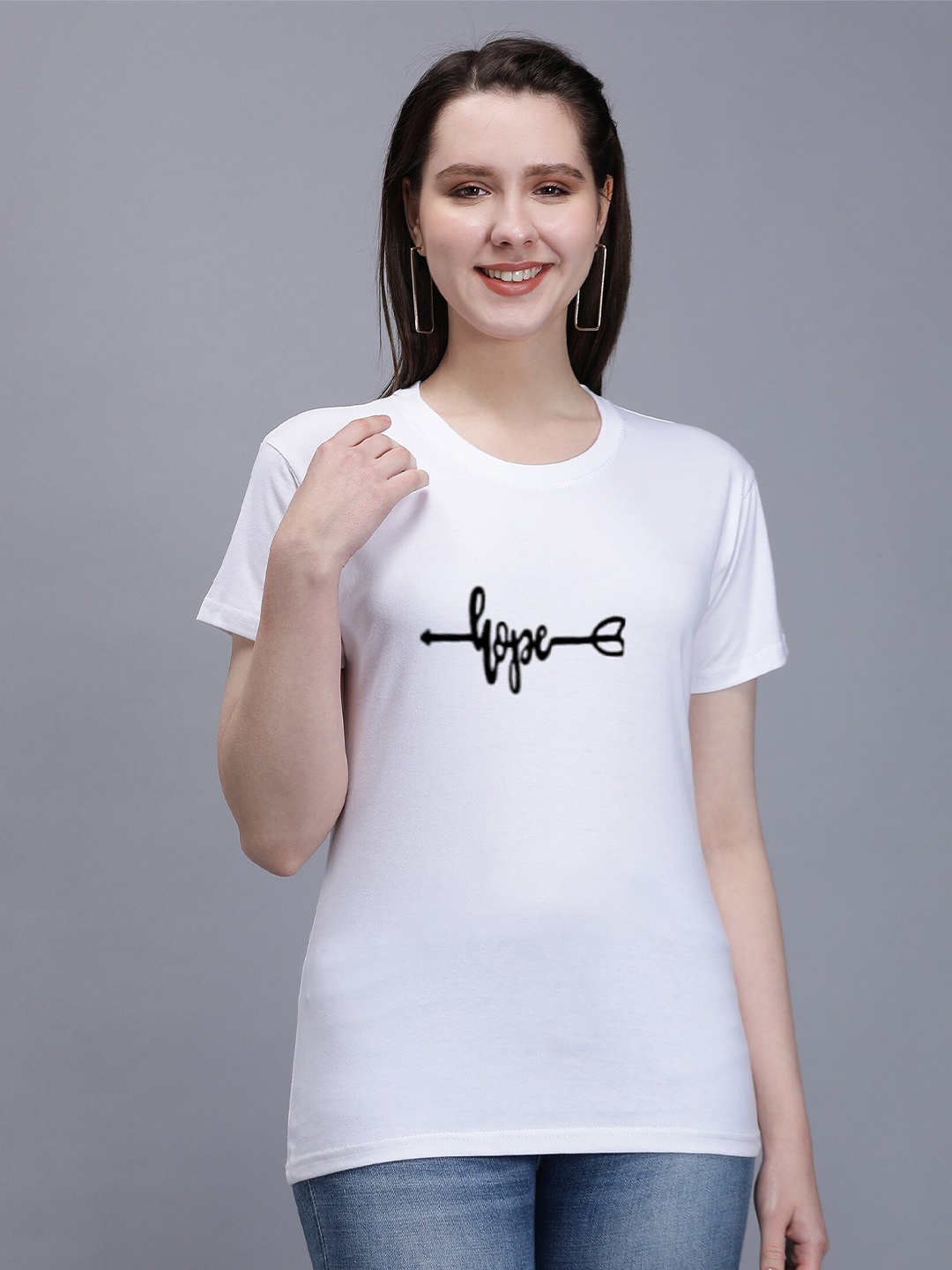 

TRENDY RABBIT Women Round Neck Typography Printed Cotton T-shirt, White