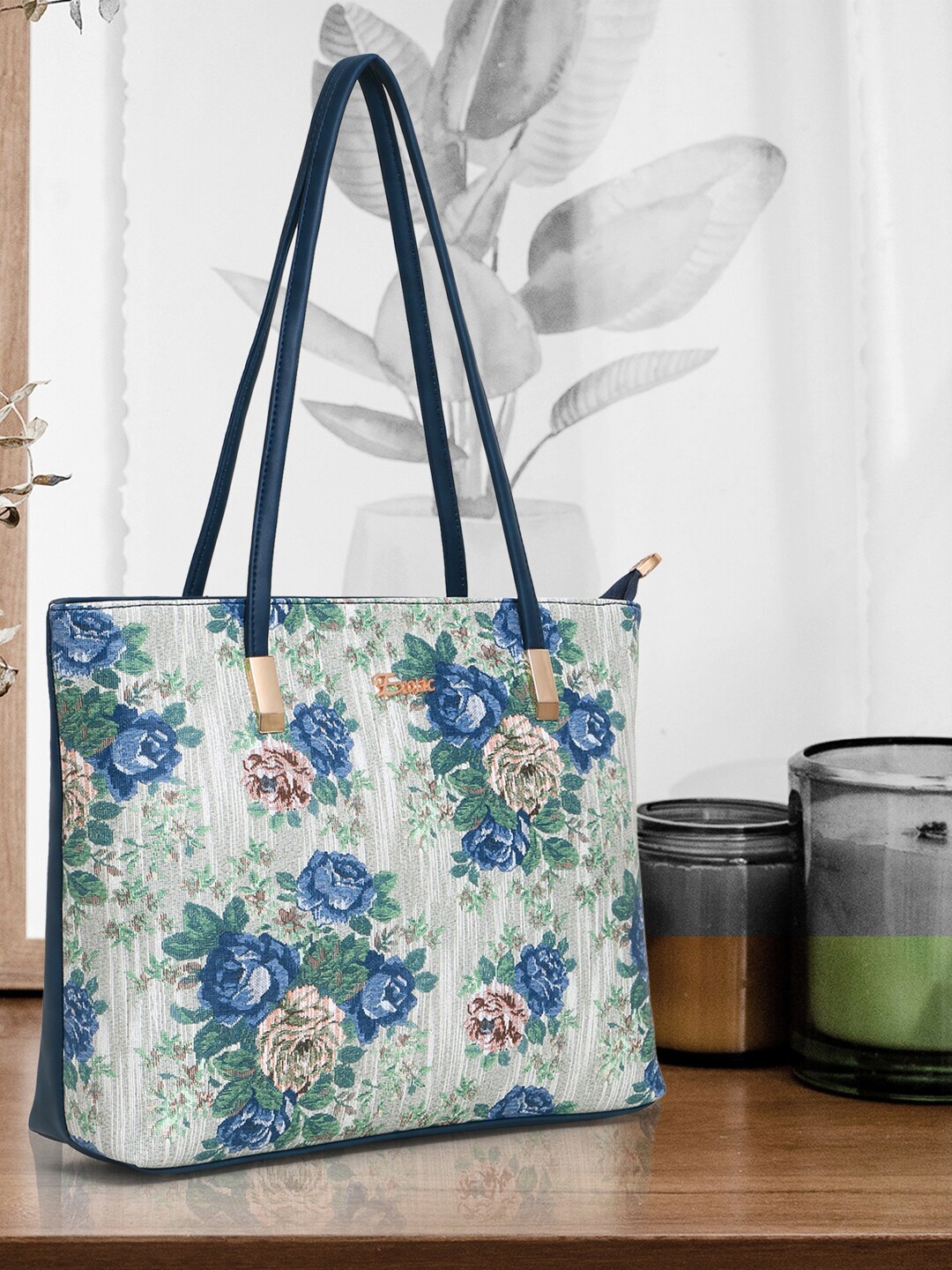 

Exotic Floral Printed PU Structured Tote Bag, Blue