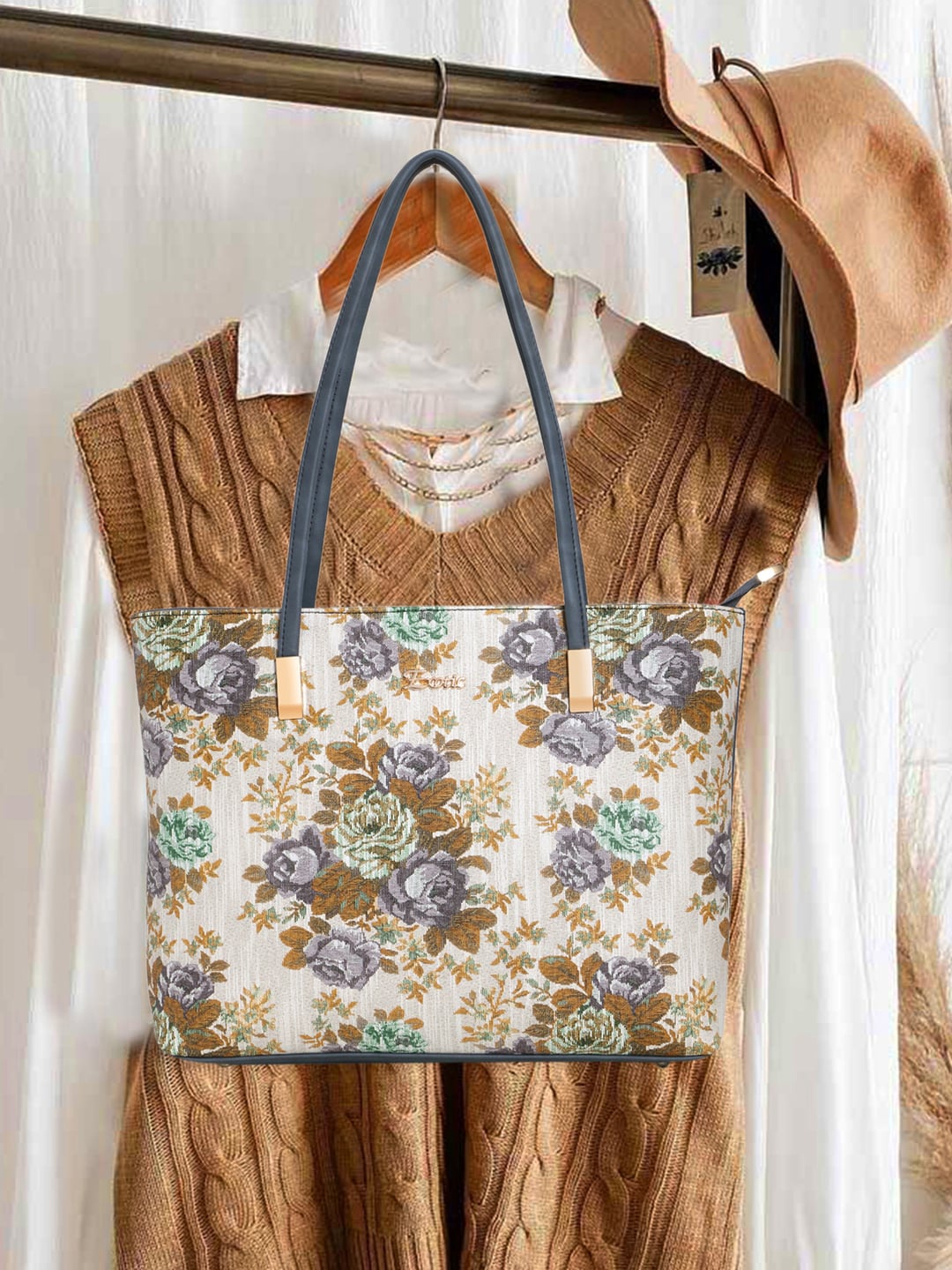 

Exotic Floral Printed PU Structured Tote Bag, Grey