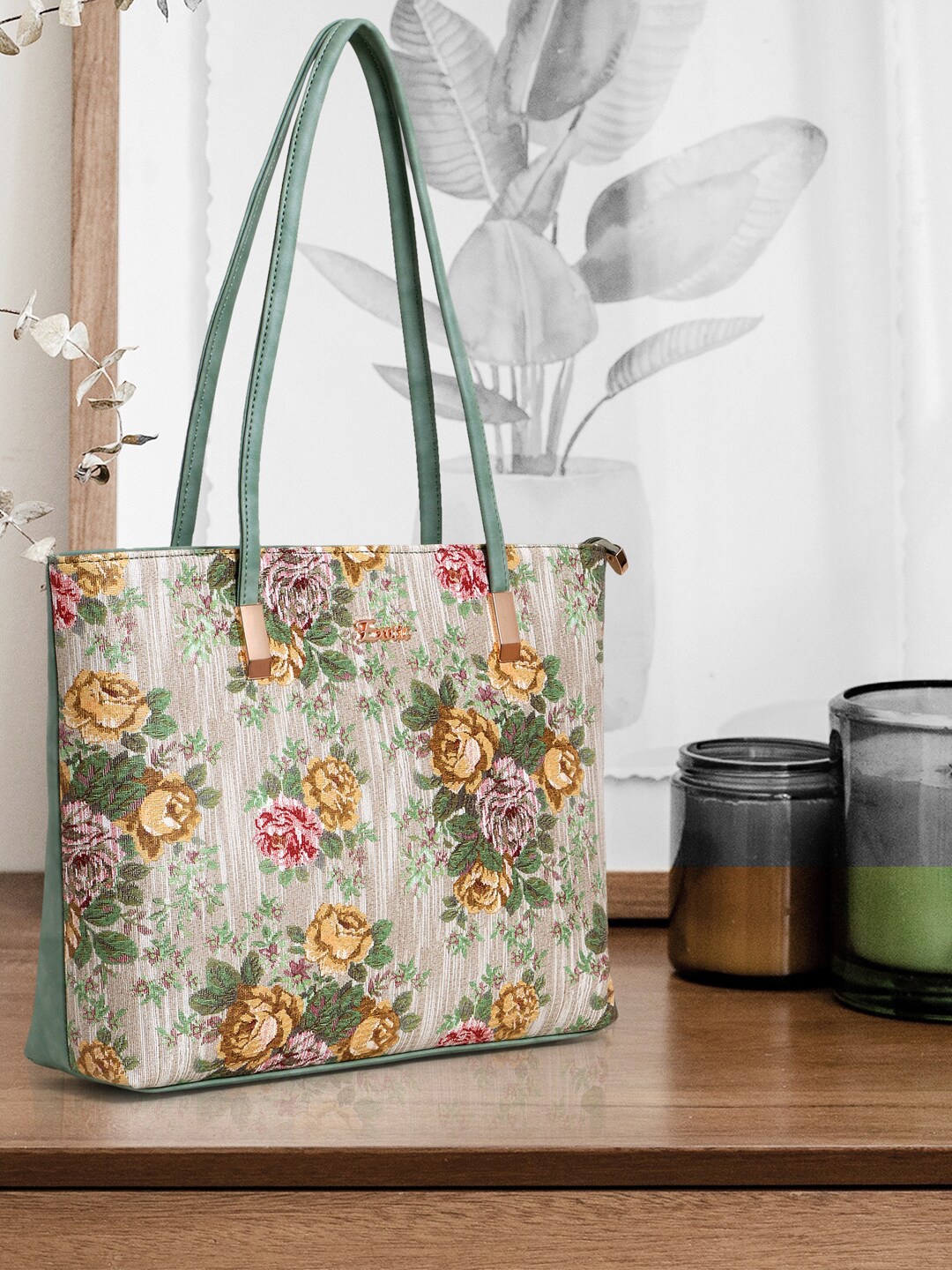 

Exotic Floral Printed Oversized Shopper Tote Bag, Green