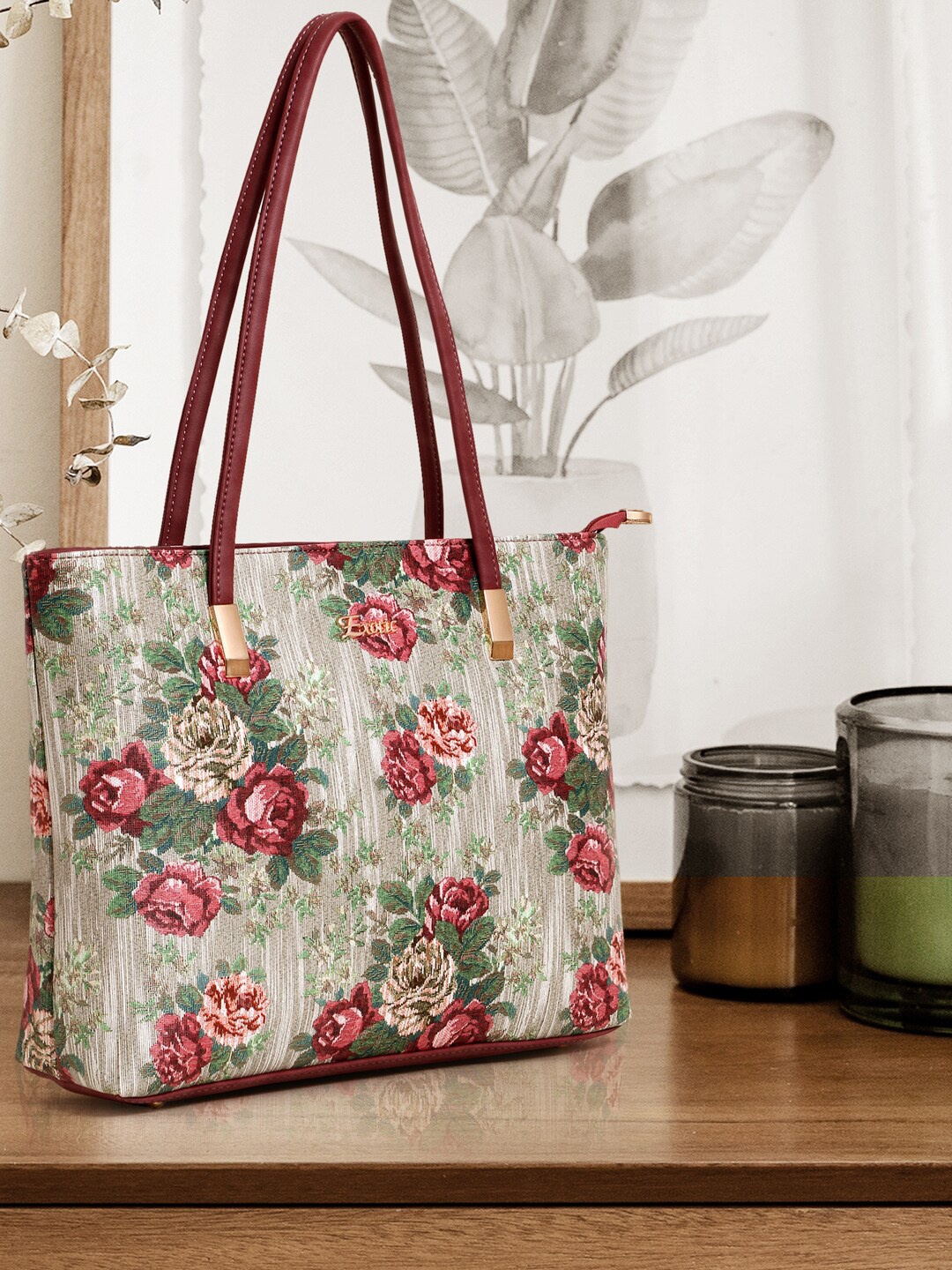 

Exotic Floral Printed PU Shopper Tote Bag, Pink