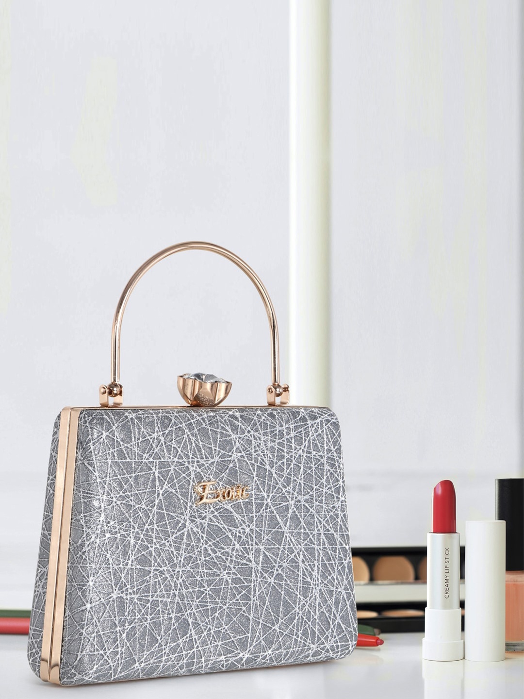 

Exotic Grey Textured Suede Structured Handheld Bag