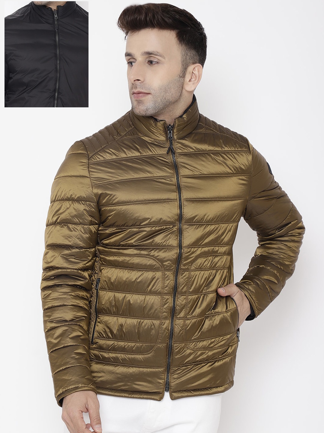 

LURE URBAN Men Mock Collar Reversible Padded Jacket, Copper