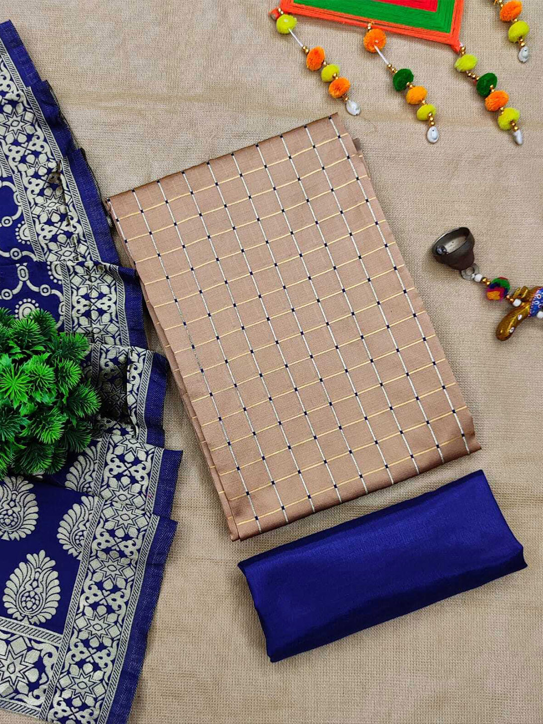 

MOKSHA DESIGNS Peach-Coloured & Blue Art Silk Unstitched Dress Material