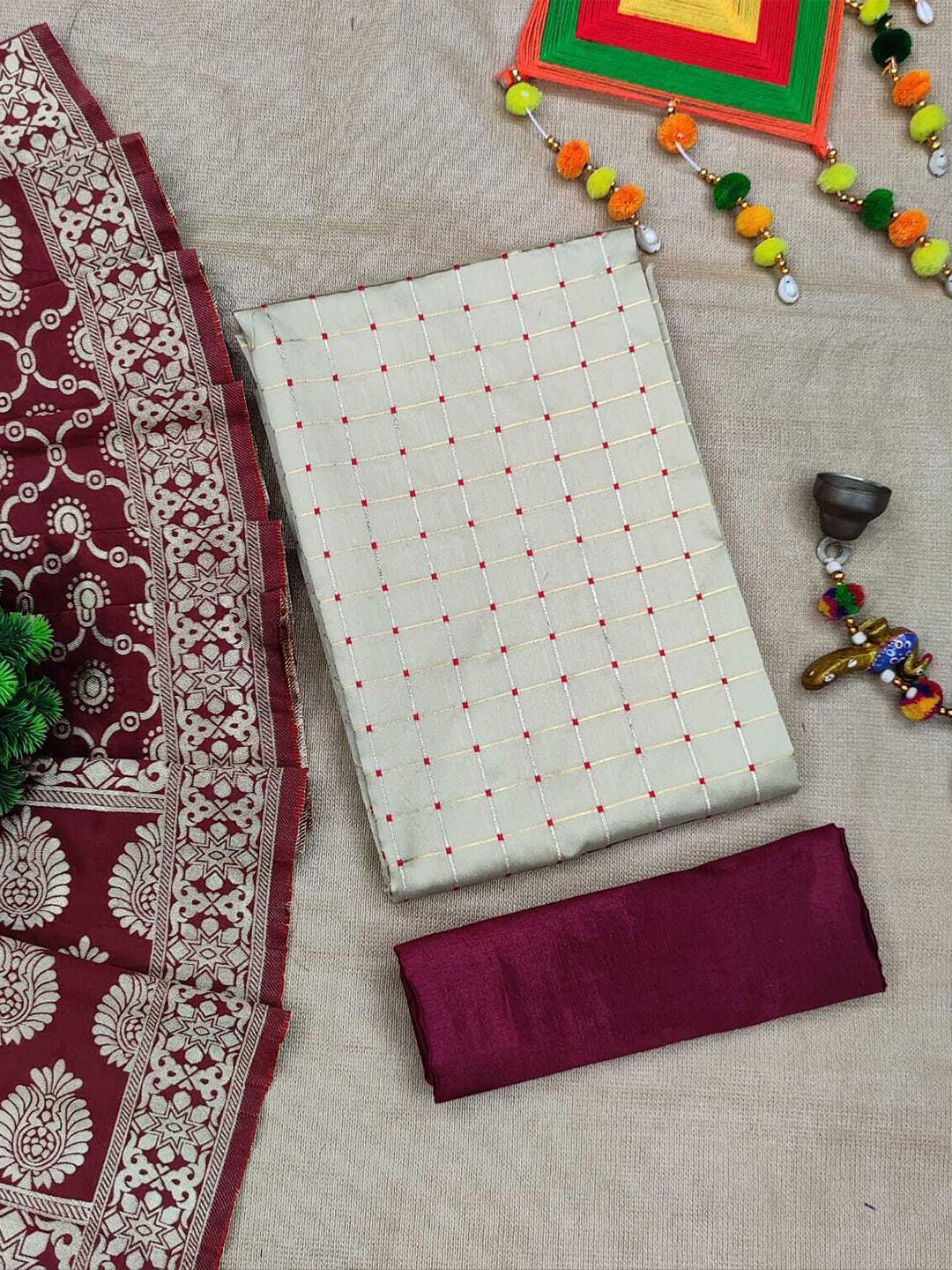 

MOKSHA DESIGNS Beige & Maroon Art Silk Unstitched Dress Material