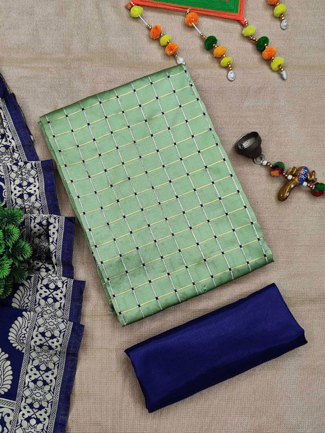 

MOKSHA DESIGNS Green & Navy Blue Art Silk Unstitched Dress Material