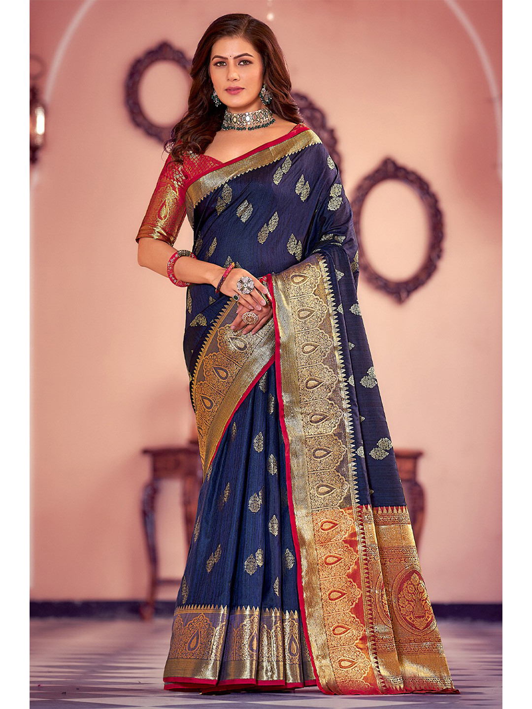 

Exclusiva Navy Blue & Red Woven Design Zari Silk Blend Banarasi Saree