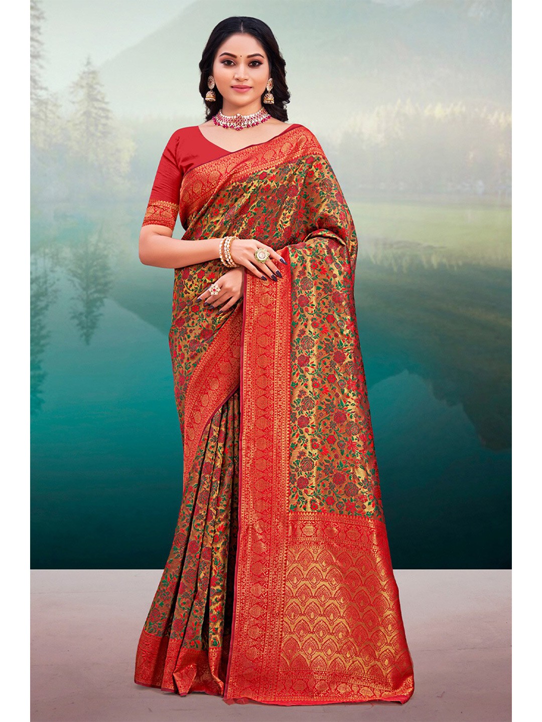 

Exclusiva Ethnic Motifs Zari Banarasi Saree, Red