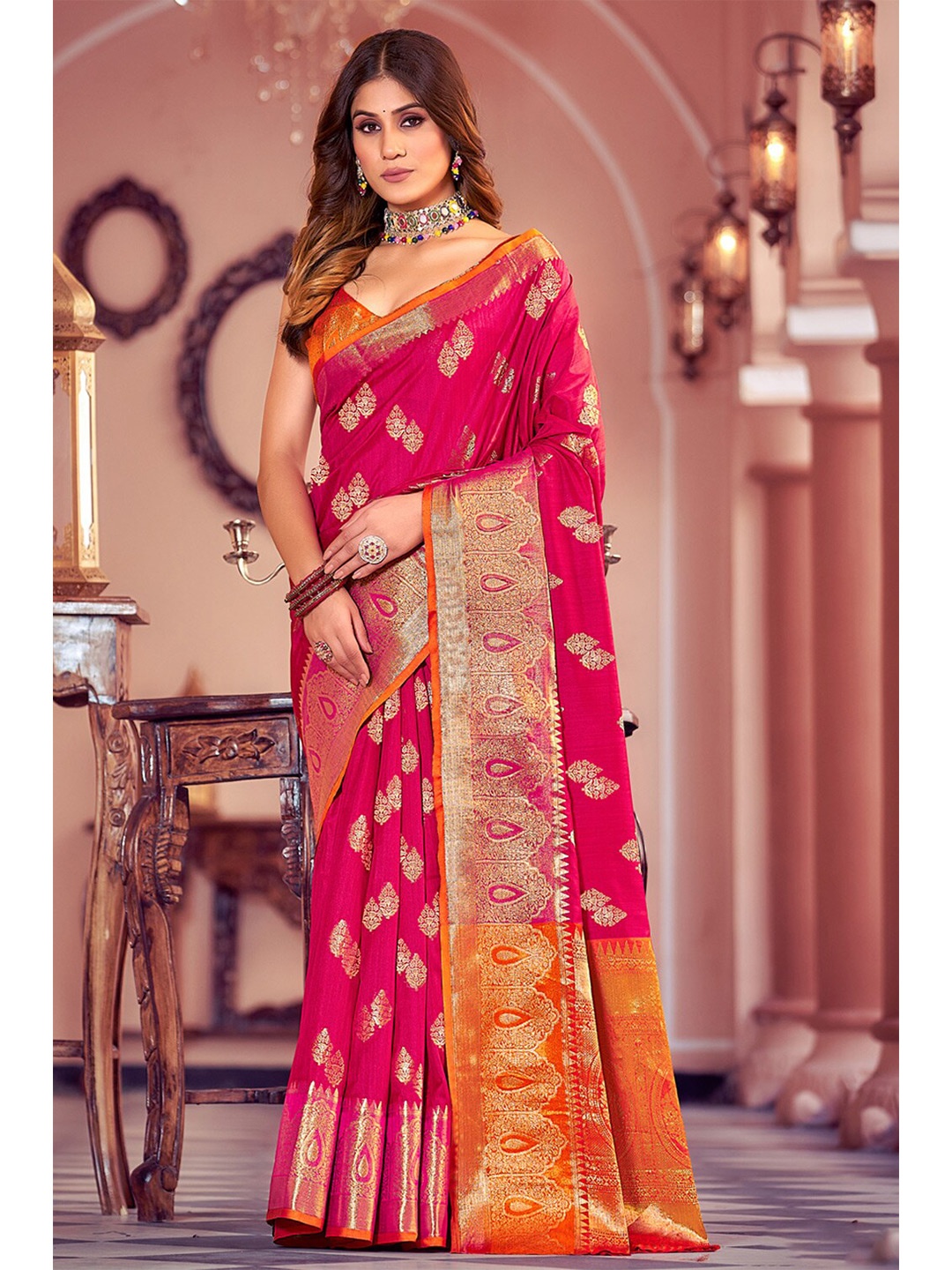 

Exclusiva Pink & Orange Woven Design Zari Silk Blend Banarasi Saree