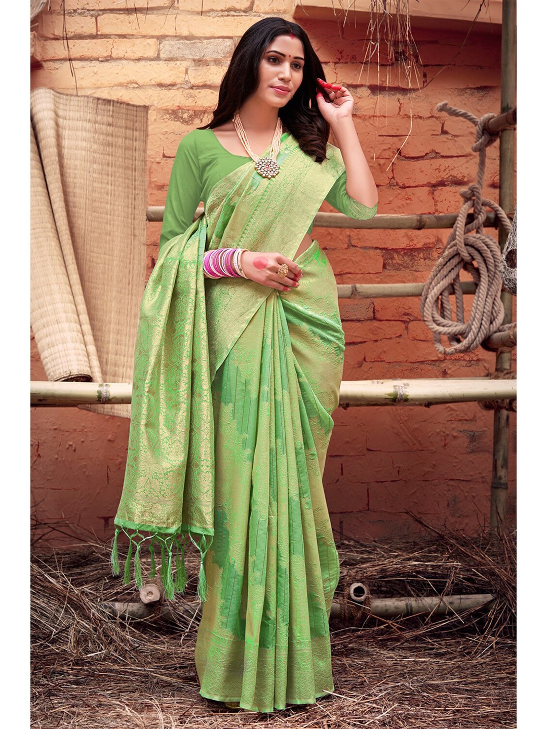 

Exclusiva Ethnic Motifs Zari Organza Banarasi Saree, Green