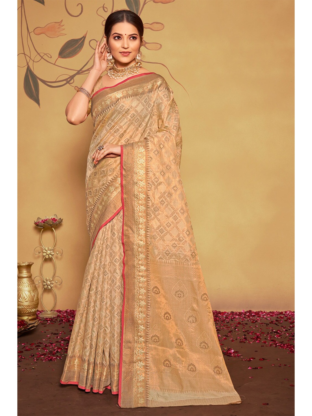 

Exclusiva Woven Design Zari Silk Blend Banarasi Saree, Cream